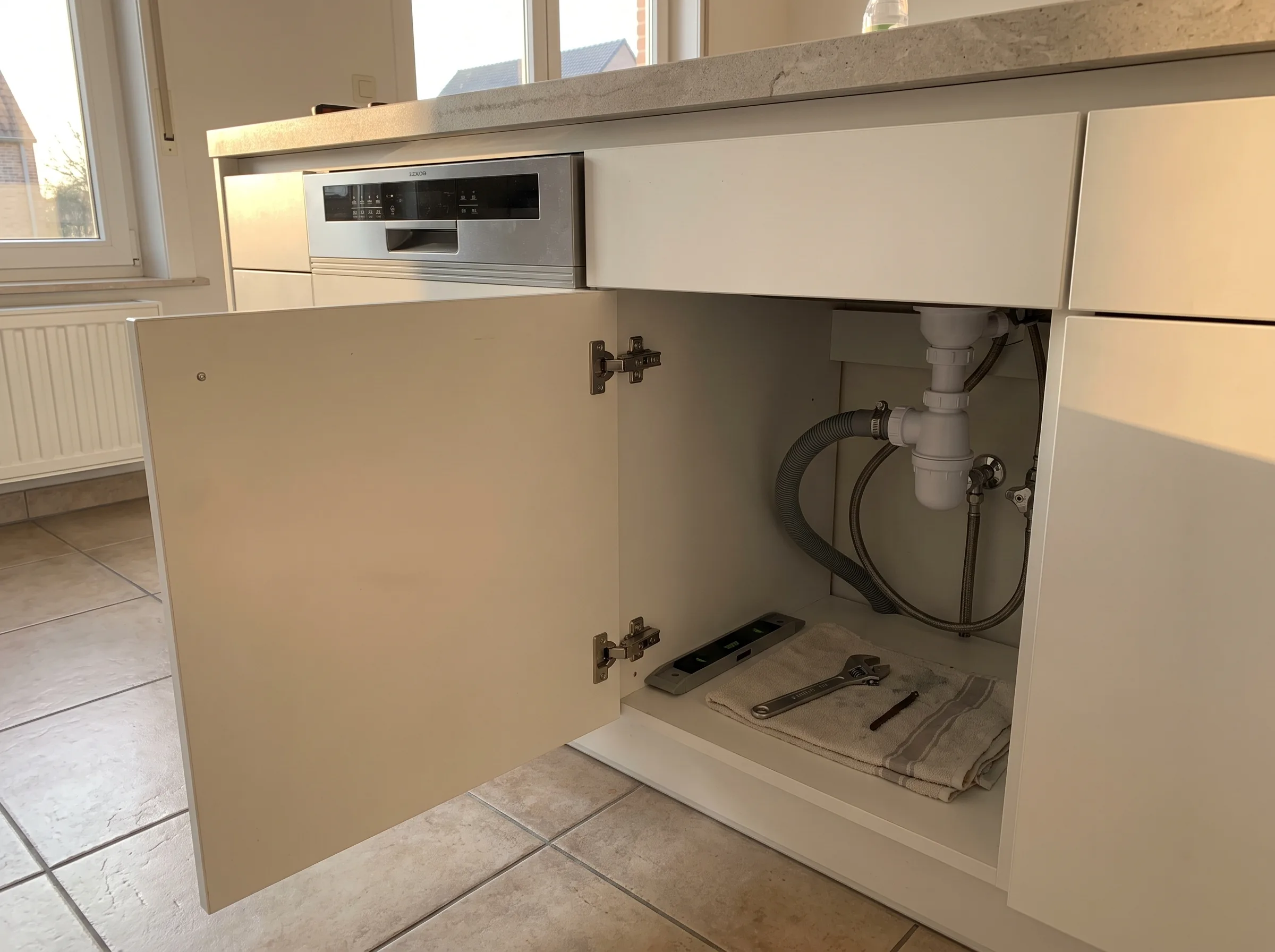 Onder de aanrechtkast is de sanitaire installatie zichtbaar met een afvoer en leidingen