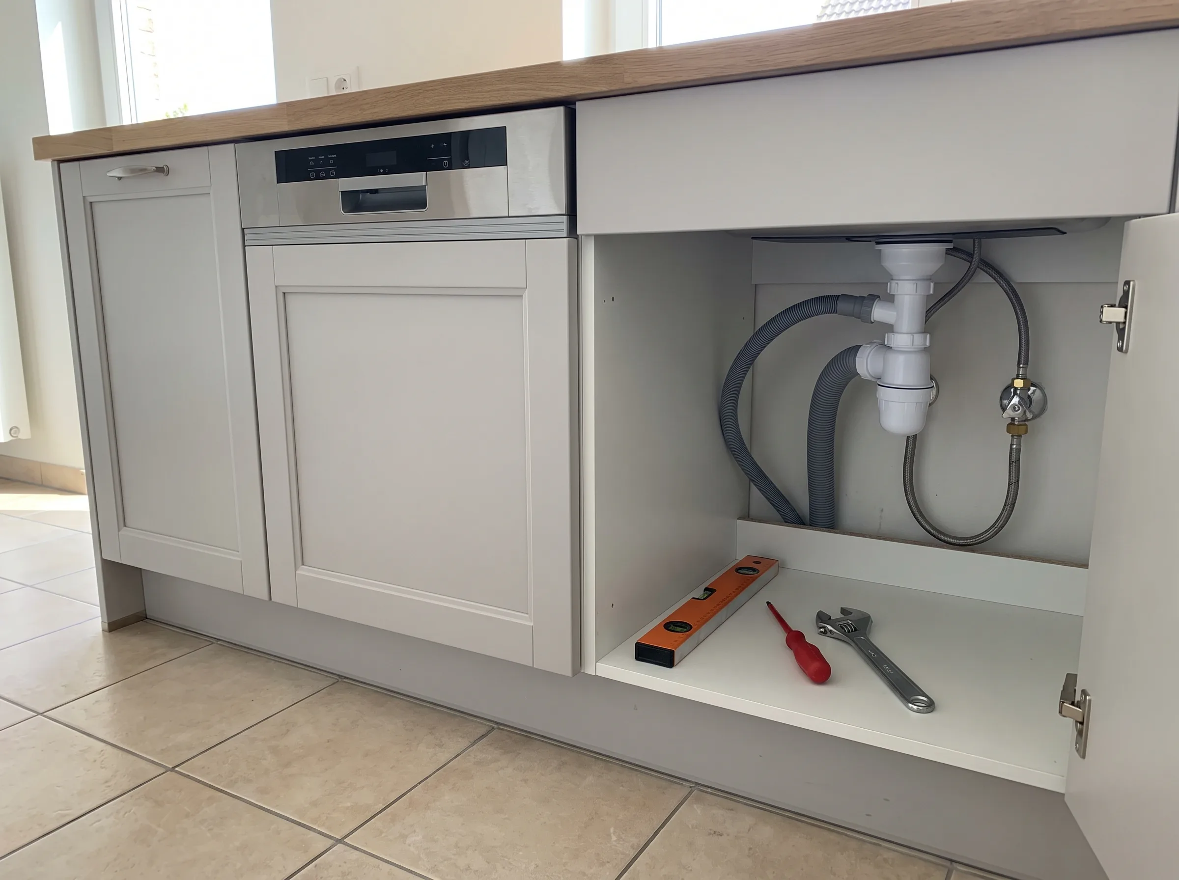 Onderstel van een keuken met zichtbare waterleidingen en gereedschap voor sanitair installatie