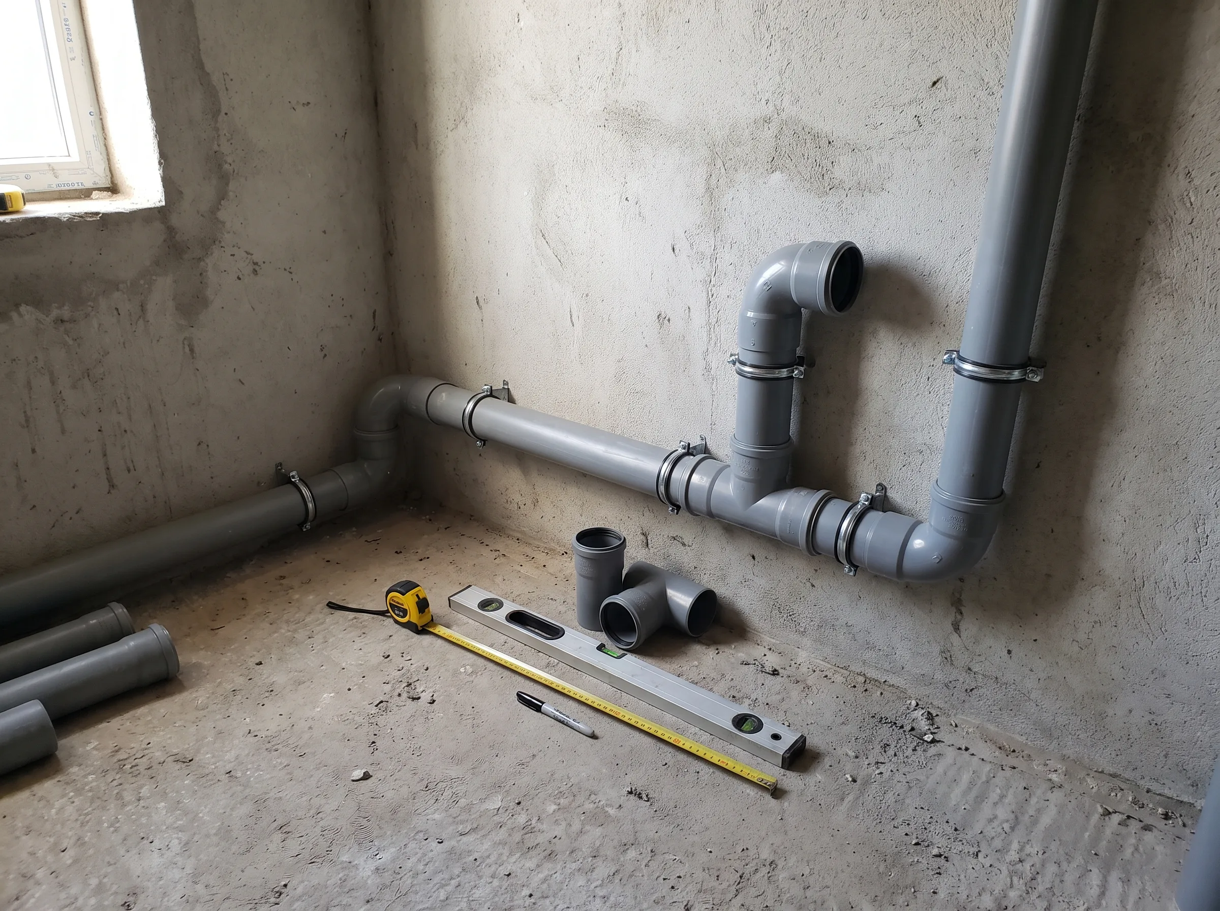 Installatie van afvoerleidingen in een technische ruimte met gereedschap
