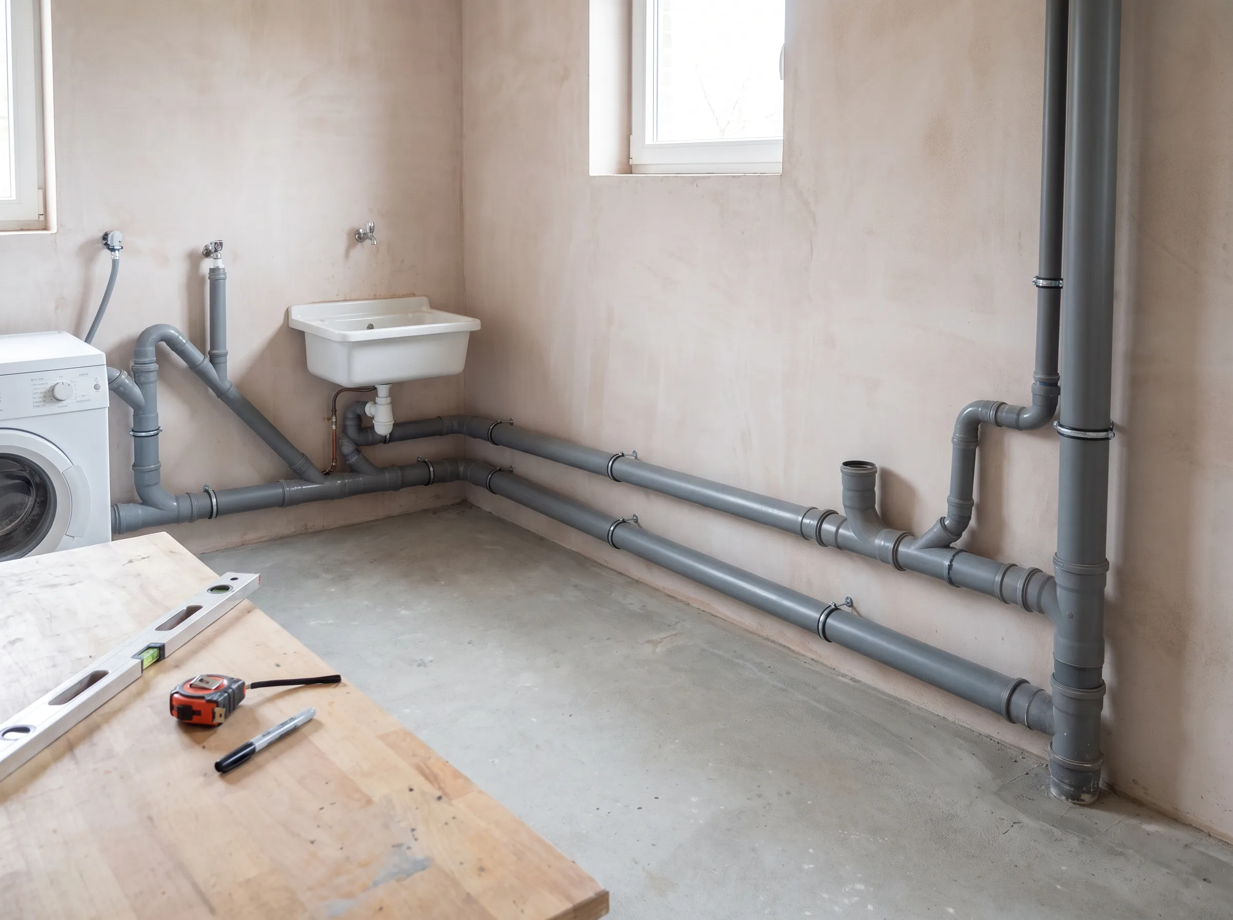 Nieuwe sanitaire leidingen in een net afgewerkte ruimte met een wasmachine