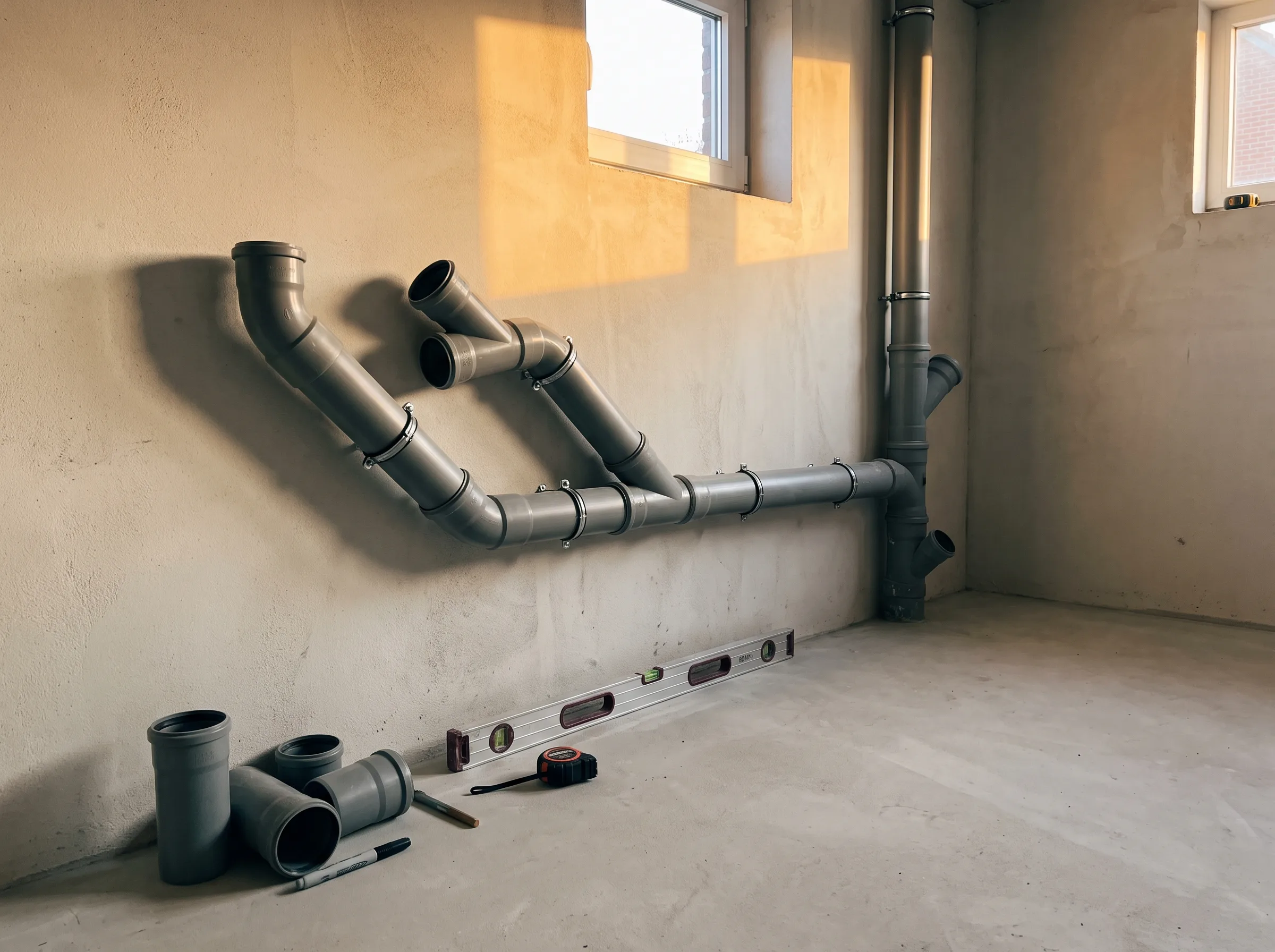 Nieuwe sanitaire leidingen in een onvoltooid technische ruimte