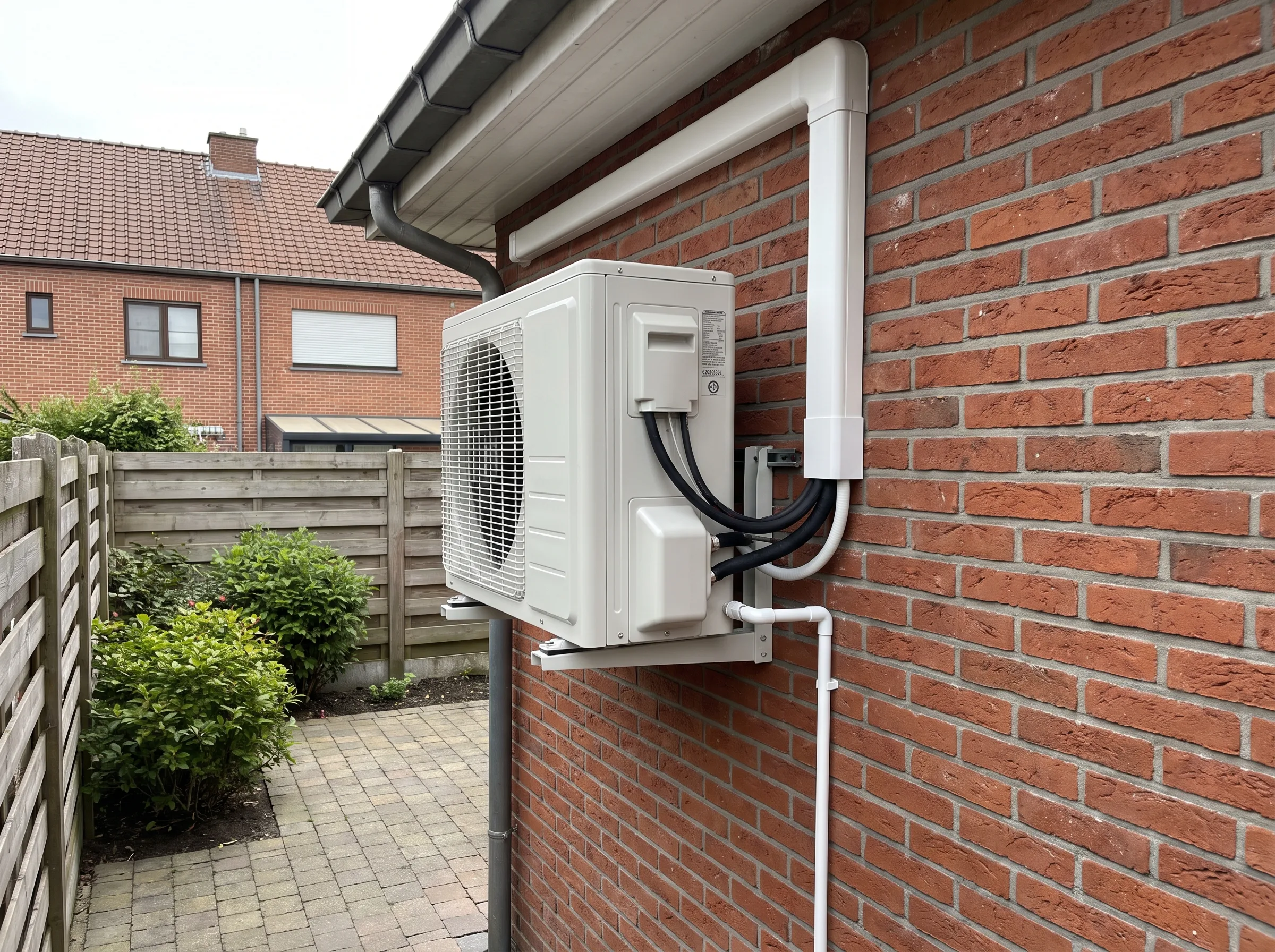 Buitenunit van een airco geïnstalleerd aan de muur van een woning