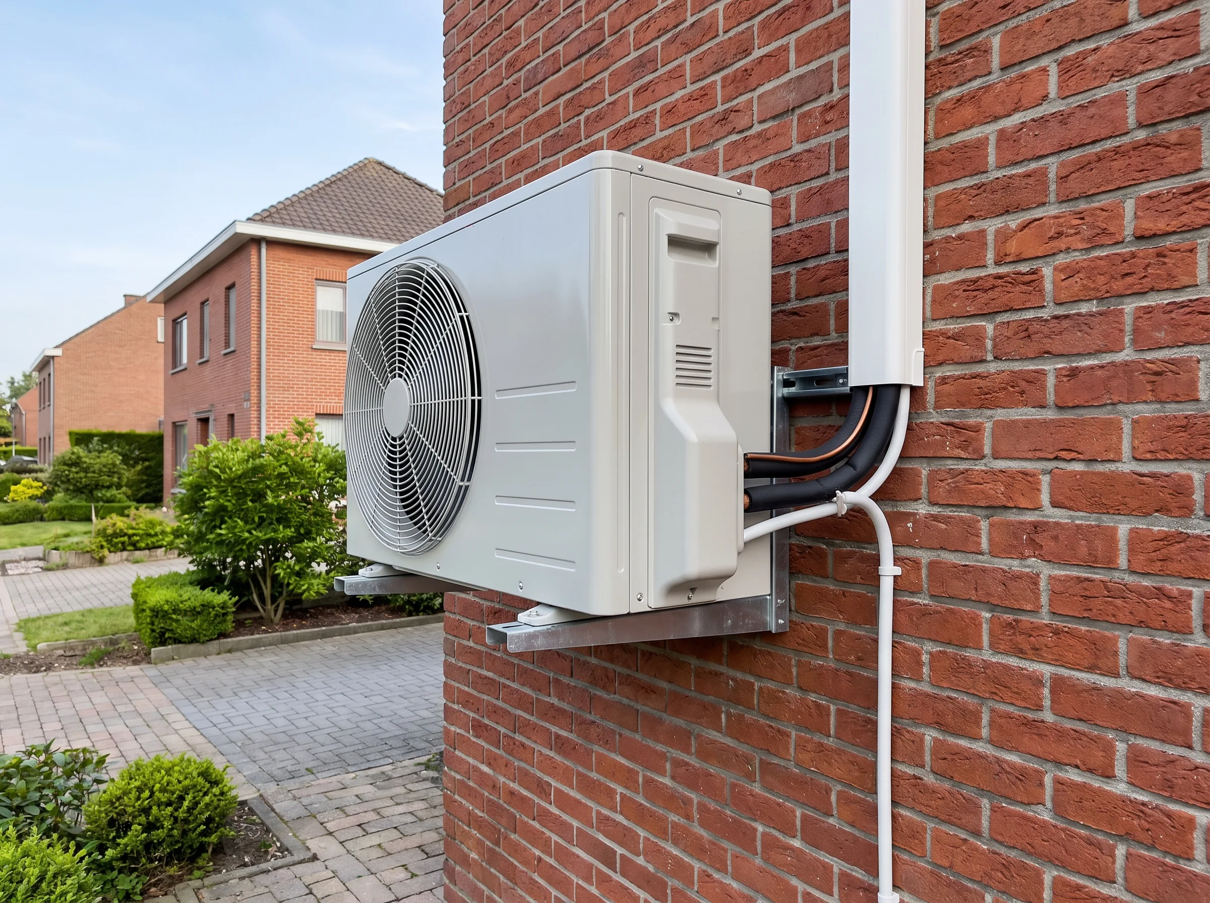 Buitenunit van een airco-installatie bevestigd aan een bakstenen muur
