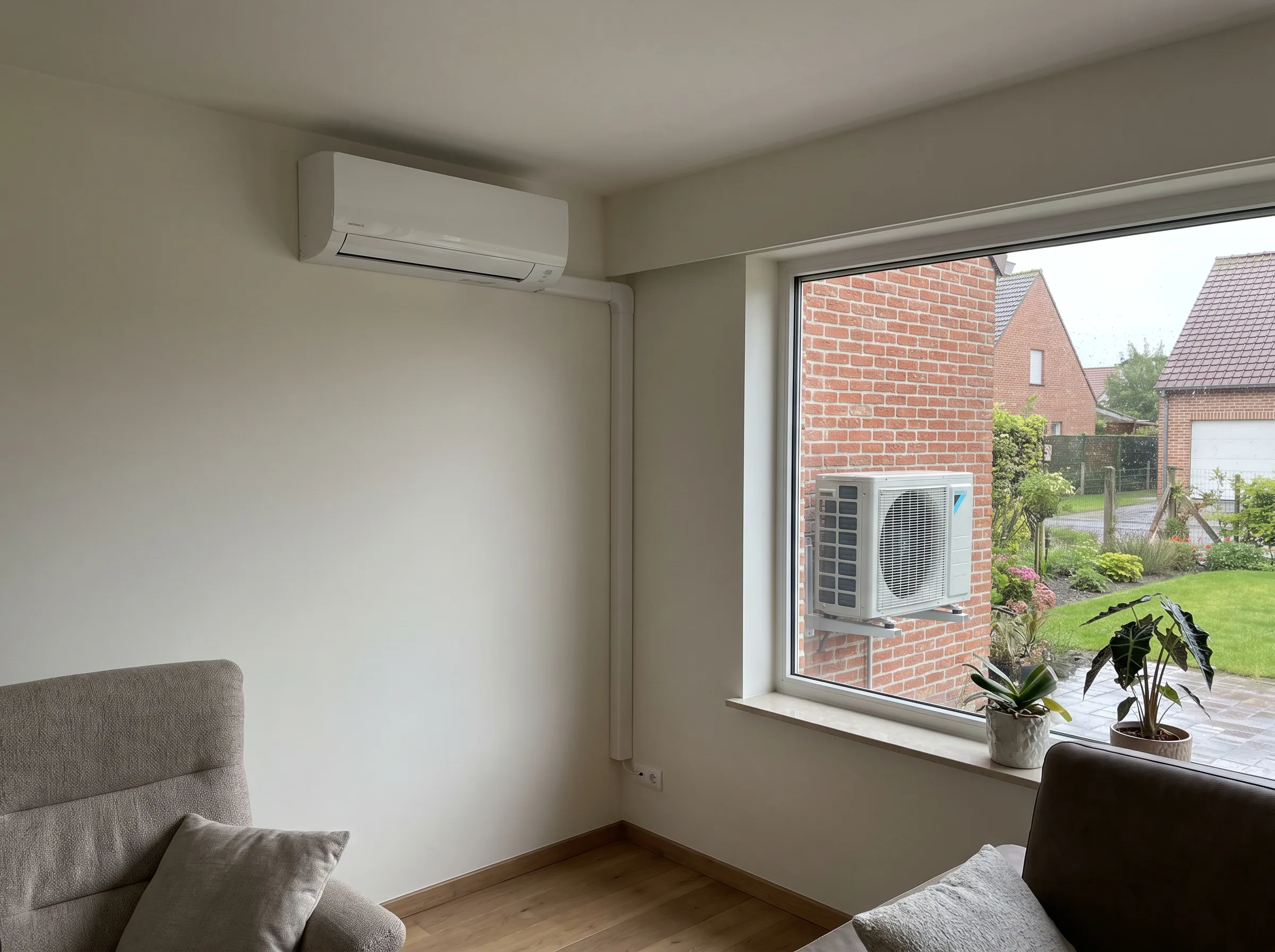 Binneninstallatie van airco in een moderne ruimte met uitzicht op de tuin