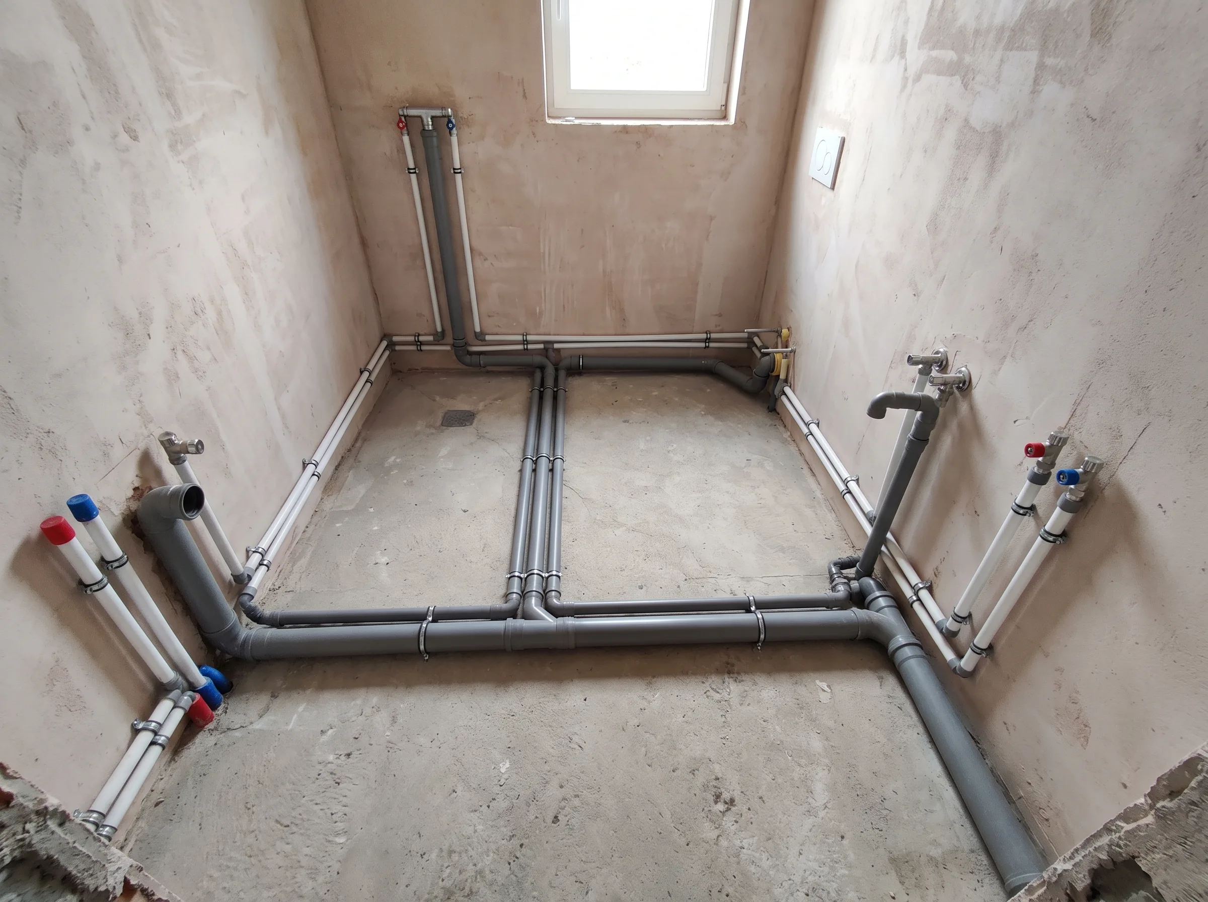 Pijpleidinginstallatie in een technische ruimte, voorbereidingen voor sanitaire installaties