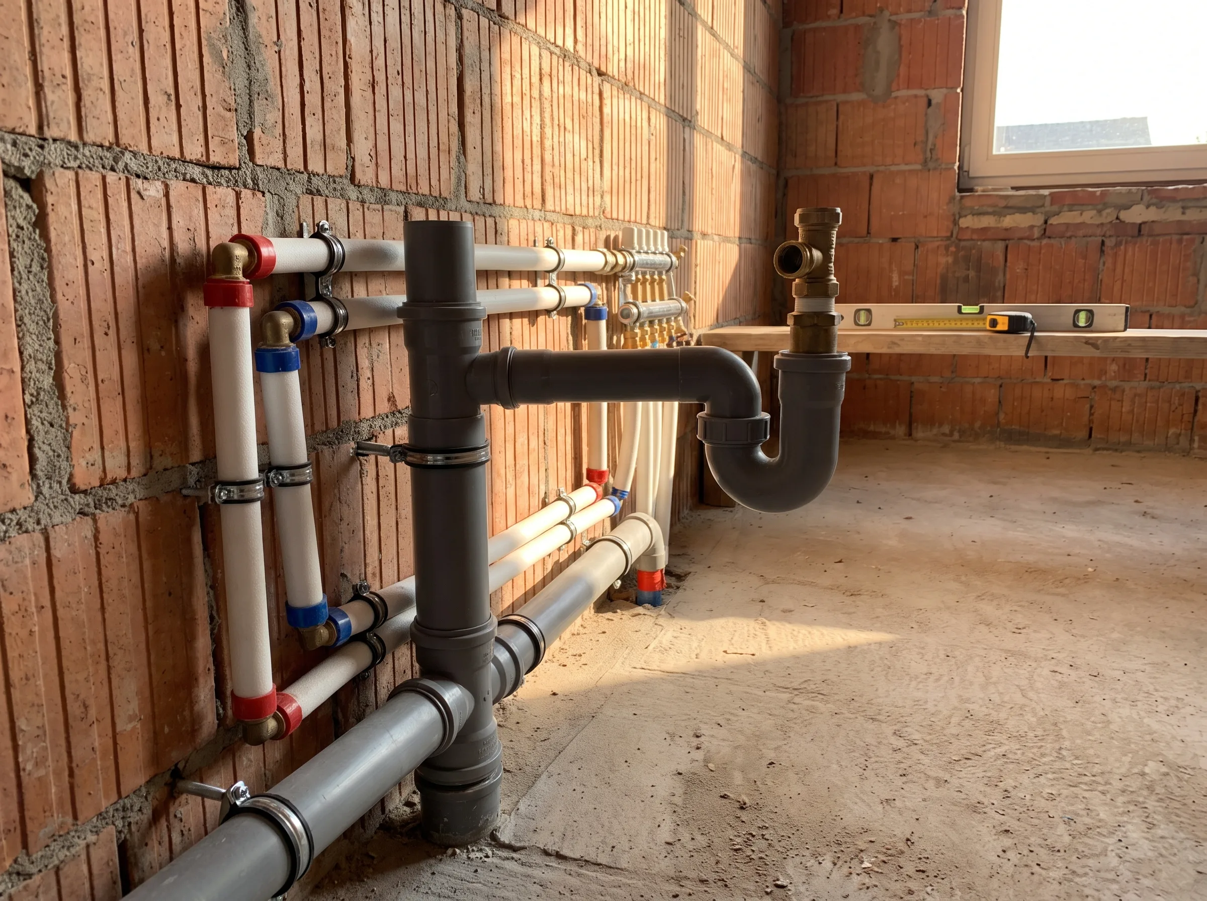 Aanleg van sanitaire leidingen in een technische ruimte voor installatie