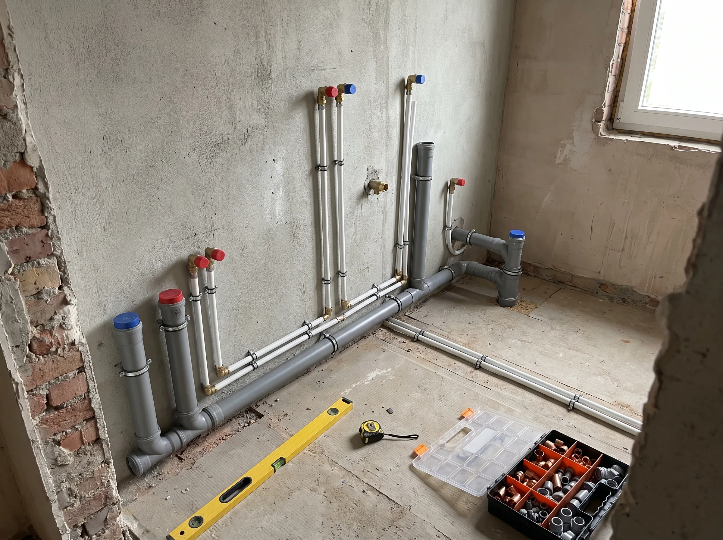 Installatie van waterleidingen en afvoerleidingen in een technische ruimte