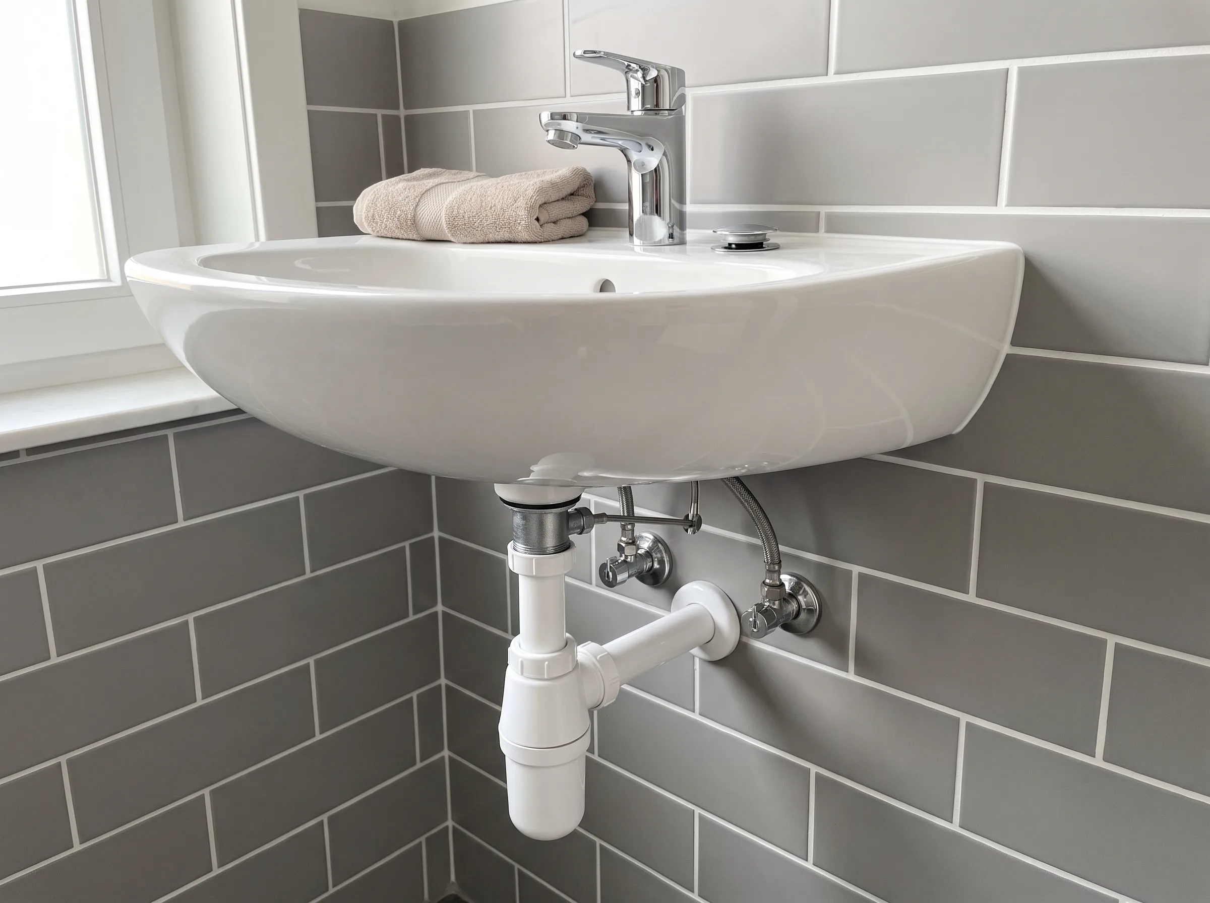 Een wasbak met een handdoek en moderne kranen in een badkamerinterieur