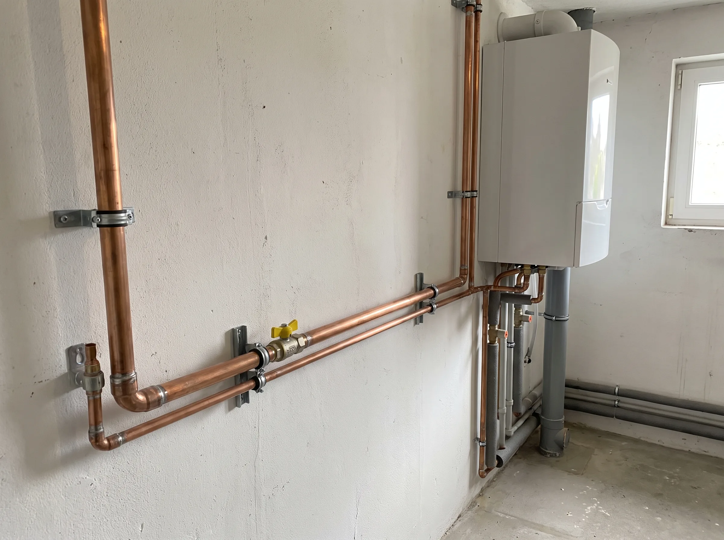 Installatie van een condensatieketel met koperleidingen in een technische ruimte