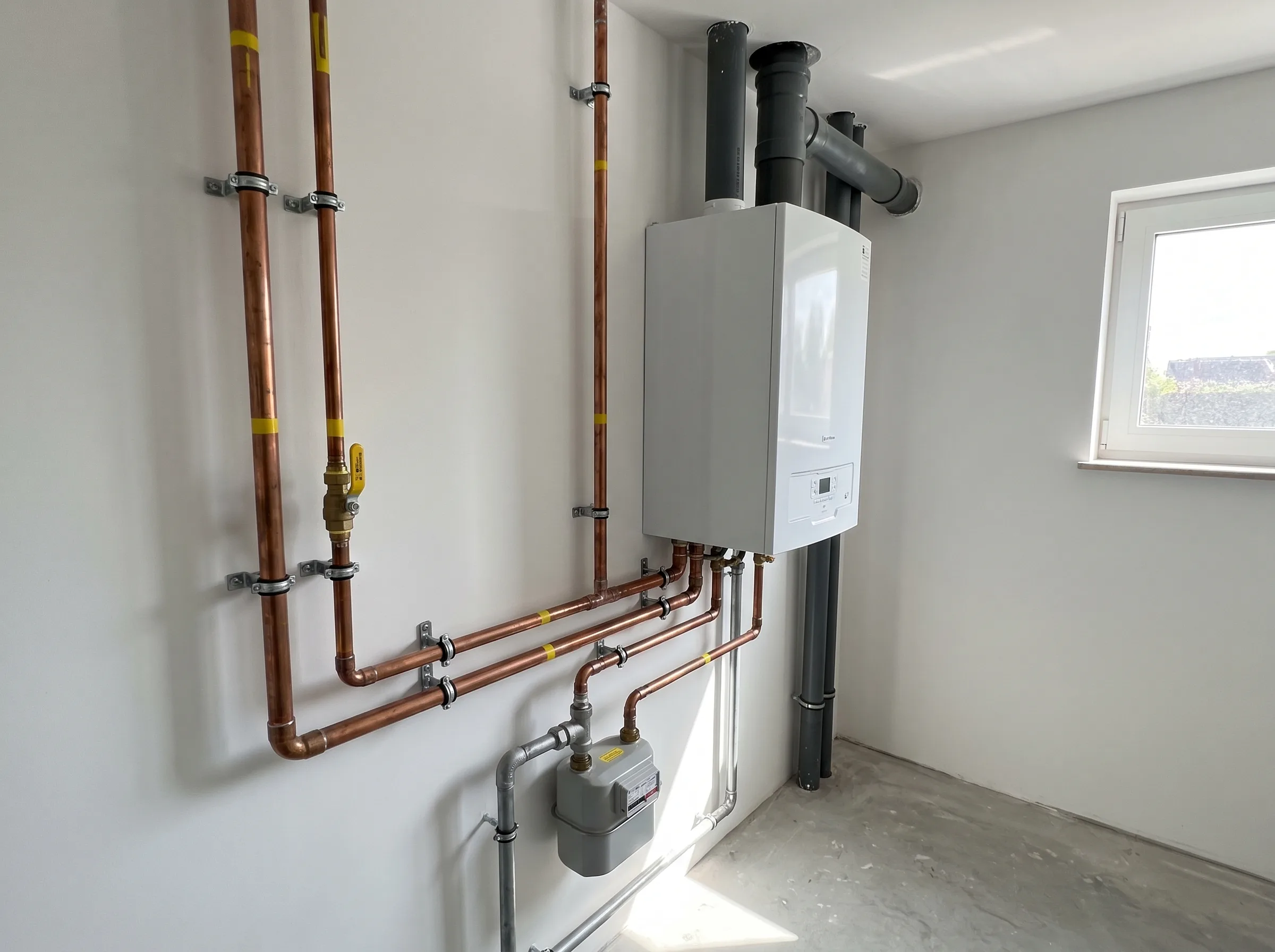 Installatie van een gasketel met koperen leidingen in een technische ruimte