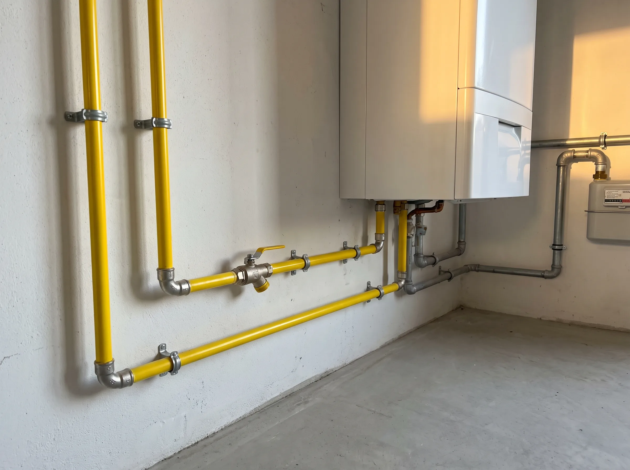 Gele gasleidingen en verwarmingsinstallatie in een technische ruimte