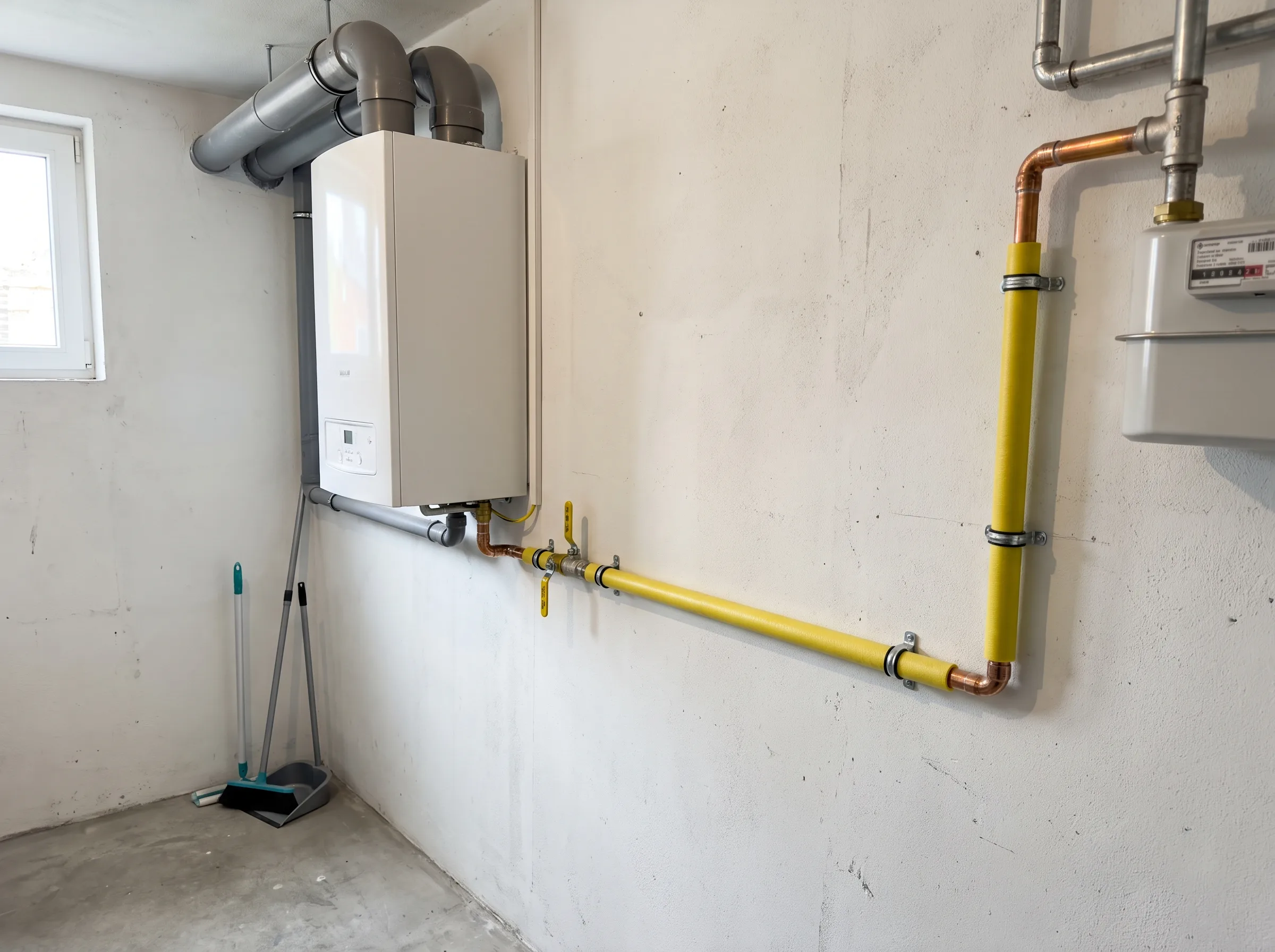 Installatie van een condensatieketel met gasleidingen en waterleidingen in een technische ruimte