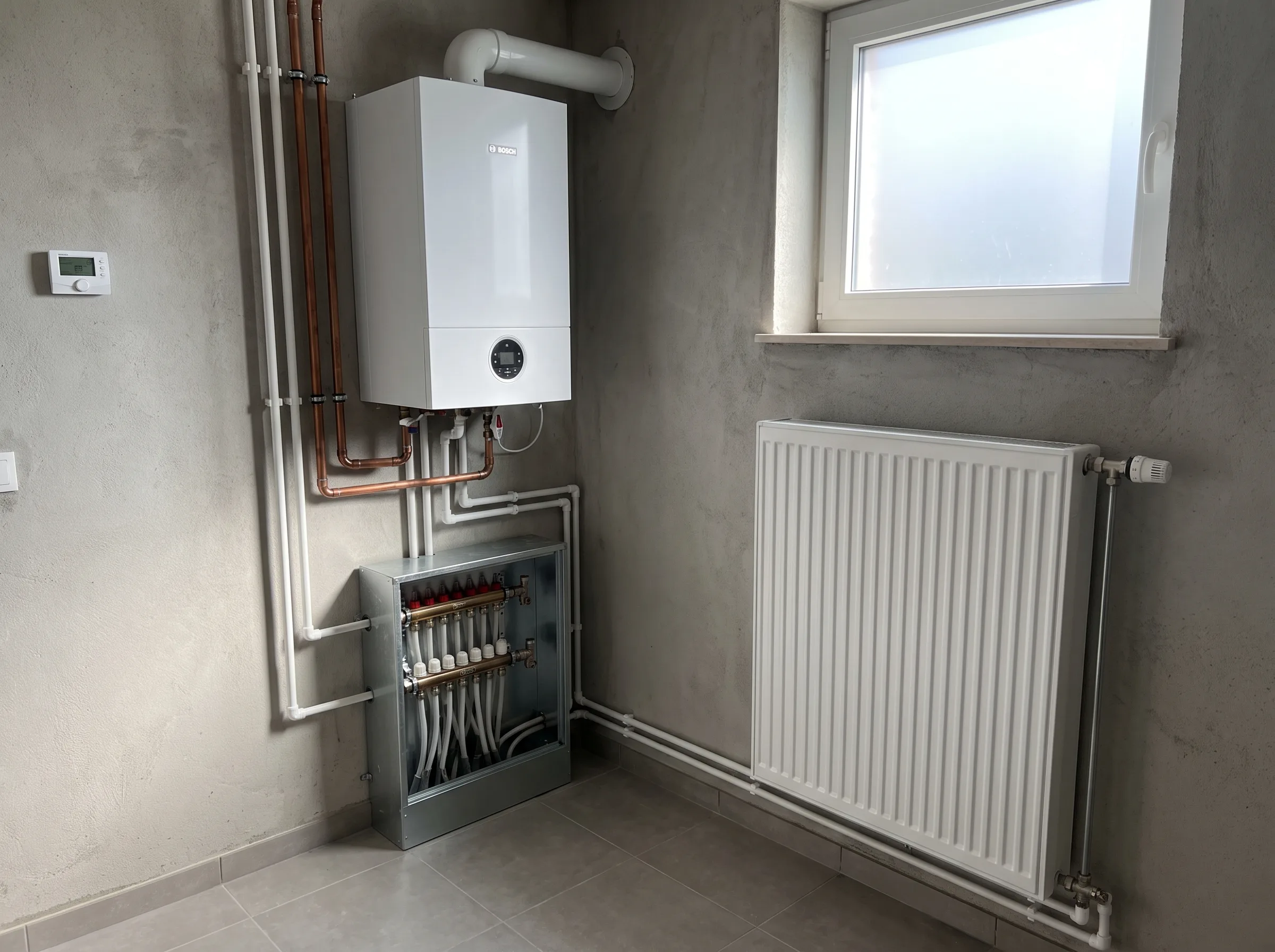 Plaatsing van een nieuwe gasketel met radiatoren en leidingen in een technische ruimte