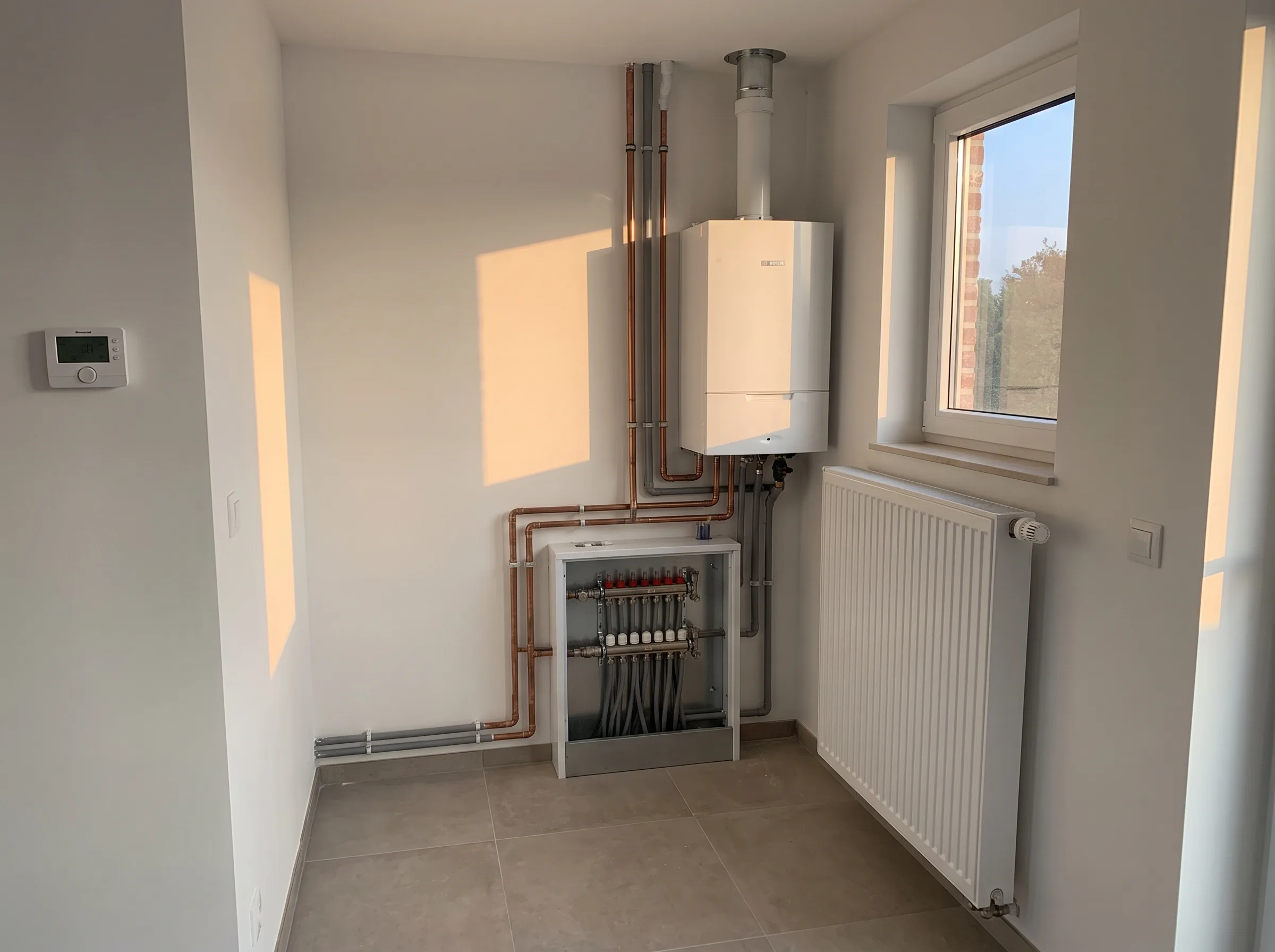 Installatie van een gasketel met aansluitingen en radiator in een lichte ruimte