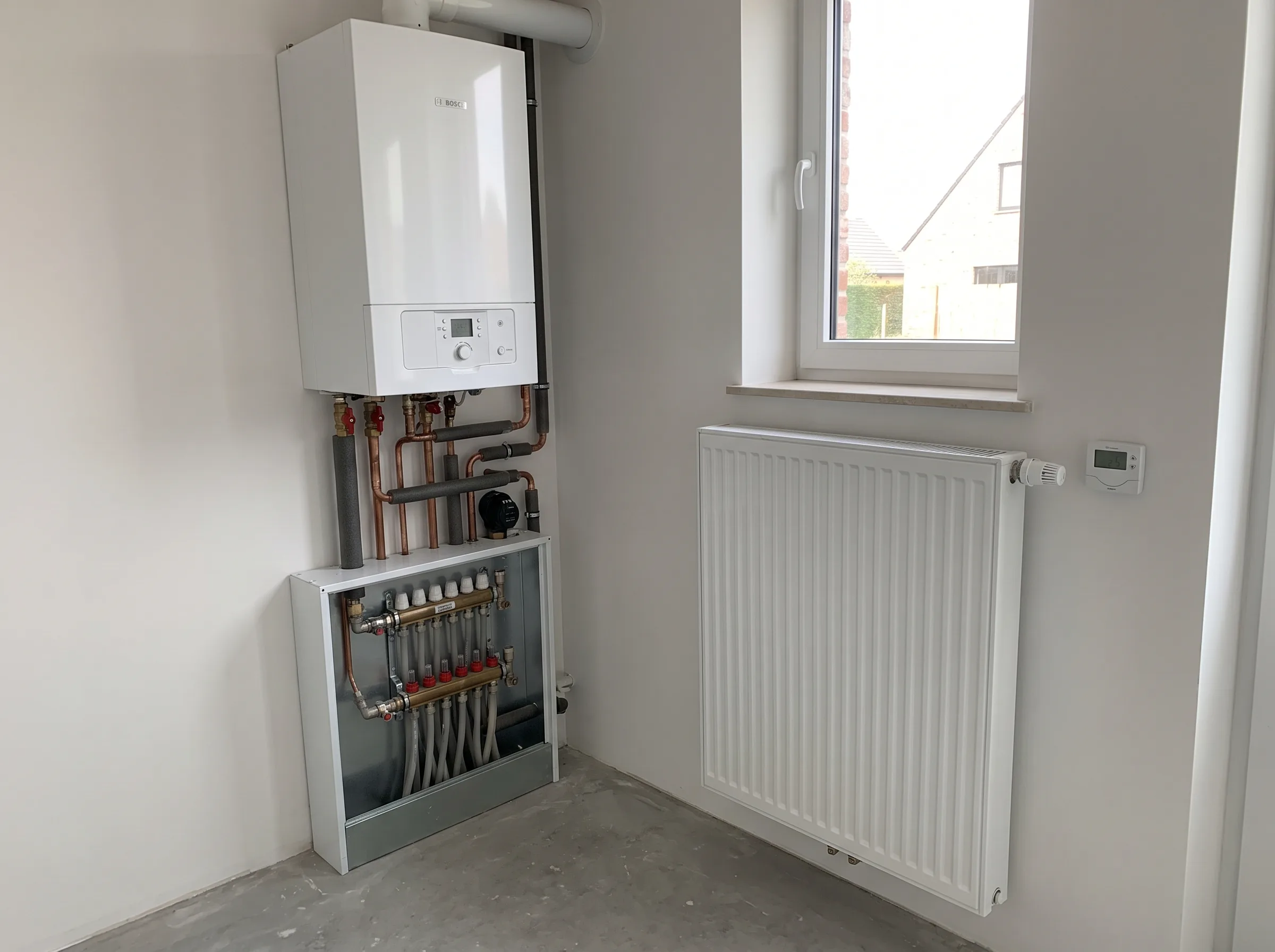 Een nieuwe gasketel en radiator geïnstalleerd in een technische ruimte