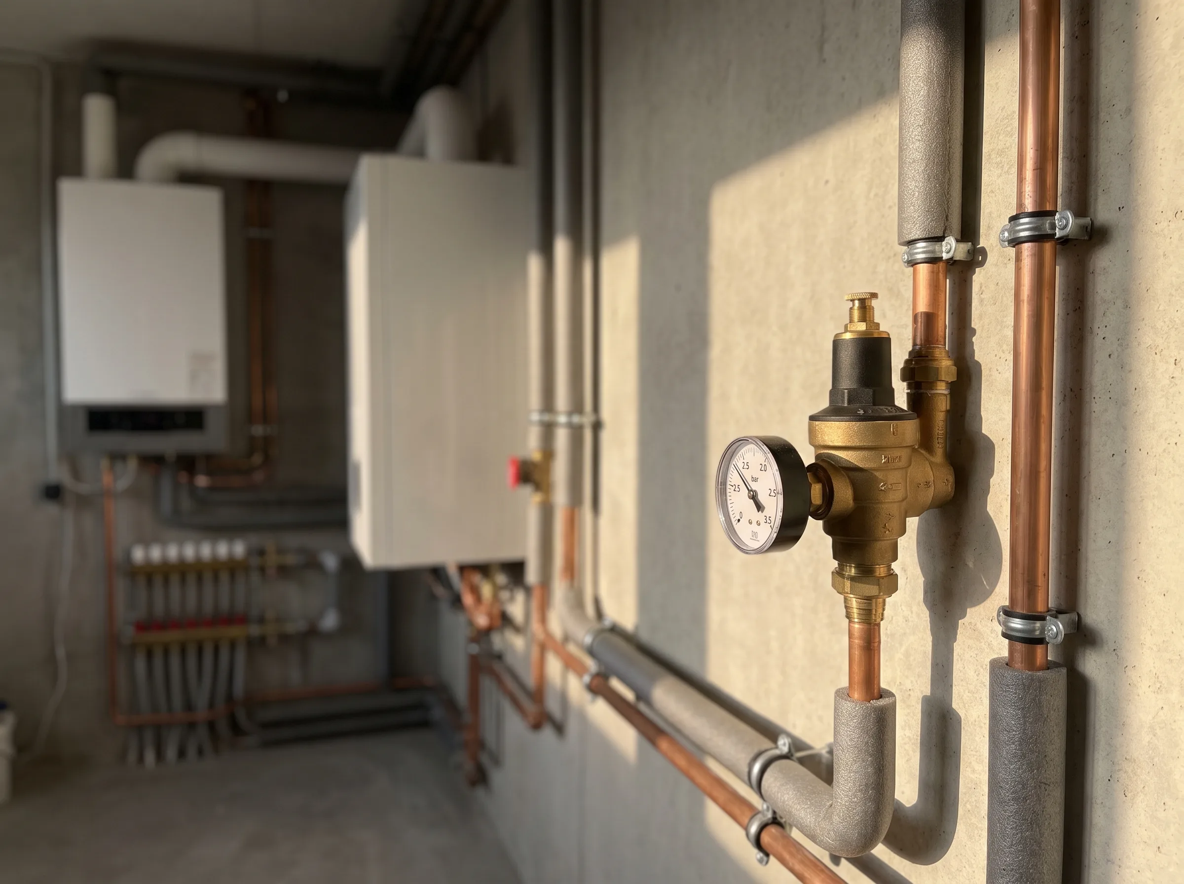 Installatie van waterleidingen en een gasketel in een technische ruimte