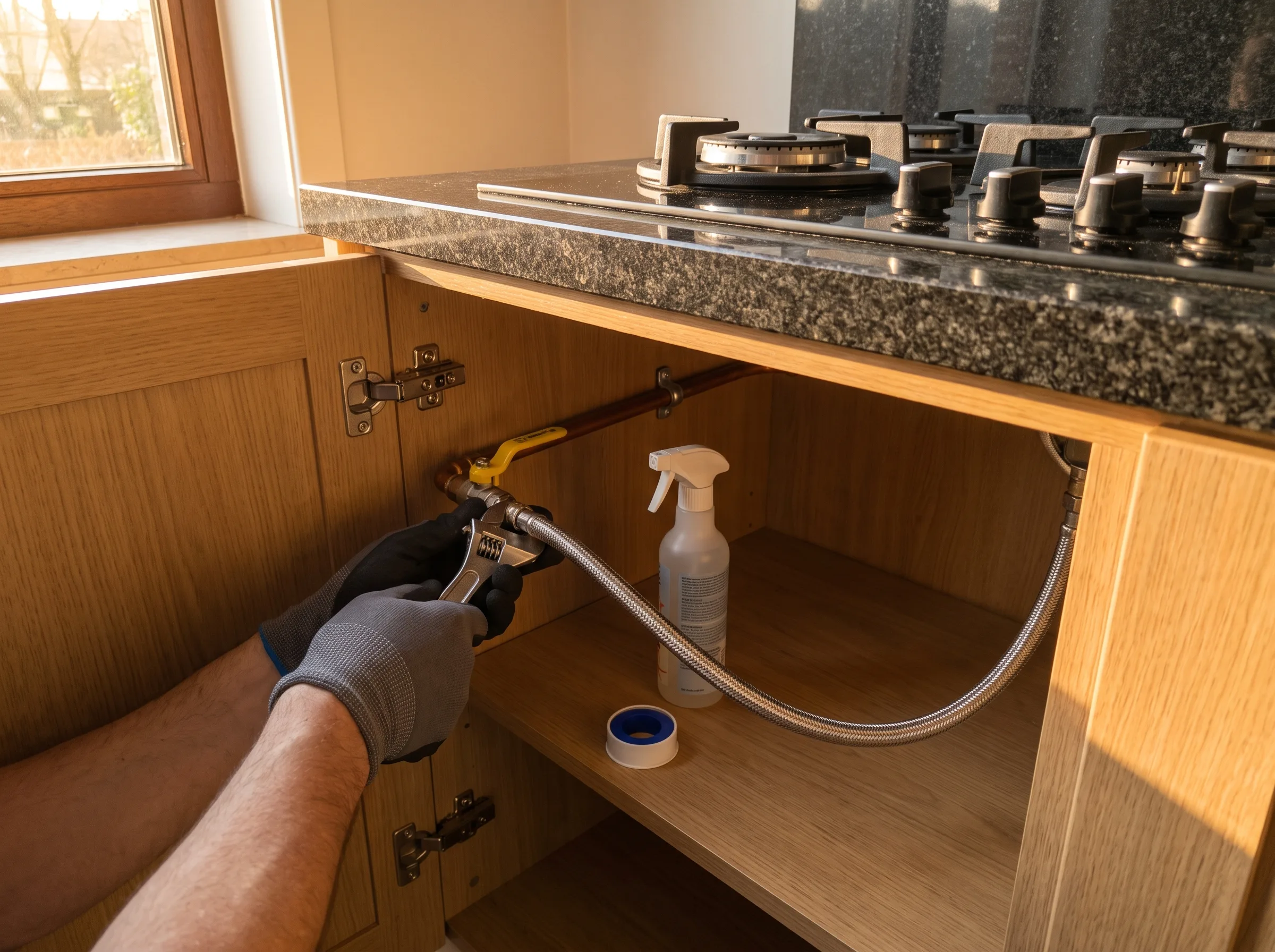 Een installateur loopt een gasaansluiting aan op een kookplaat in een keuken
