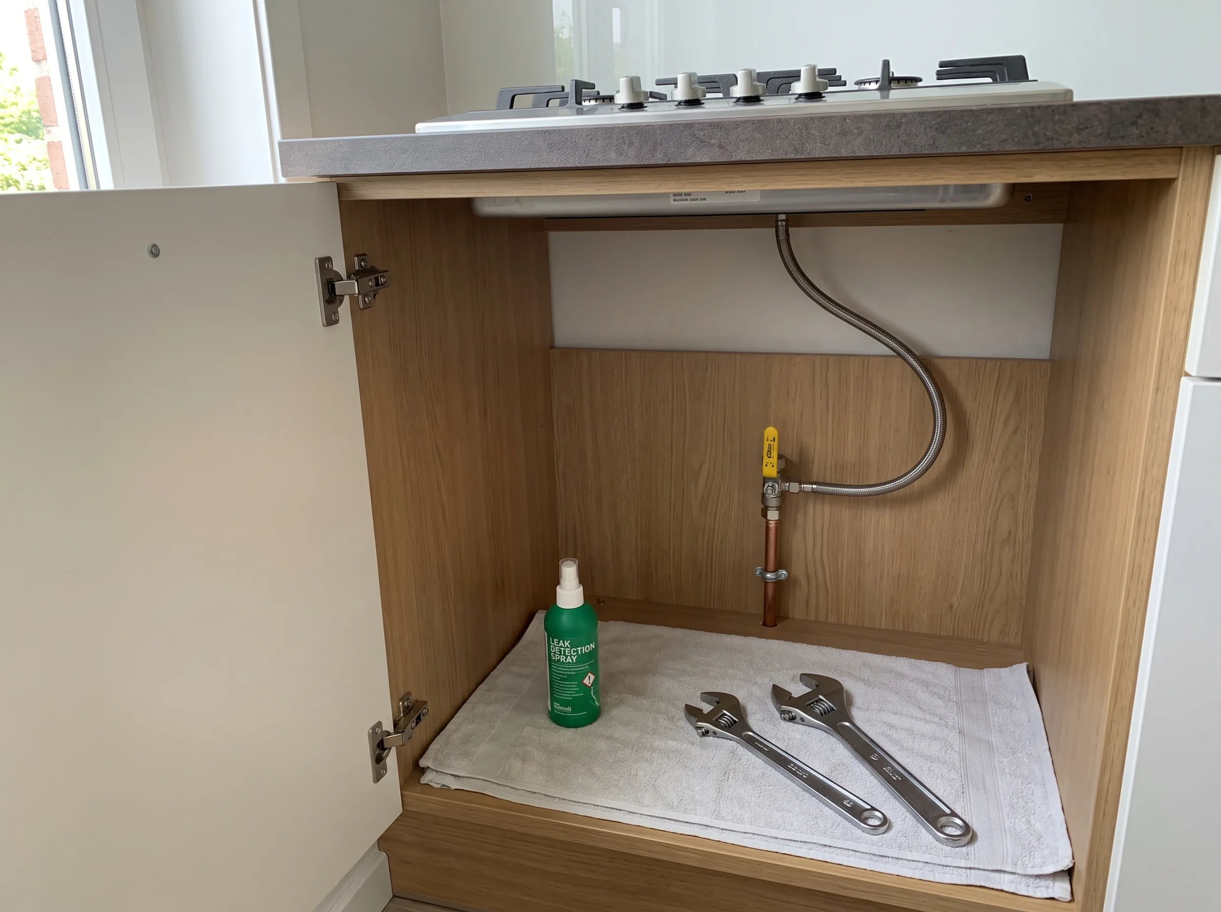 Keukenonderkast met gasleiding en gereedschap voor gasaansluiting kookplaat