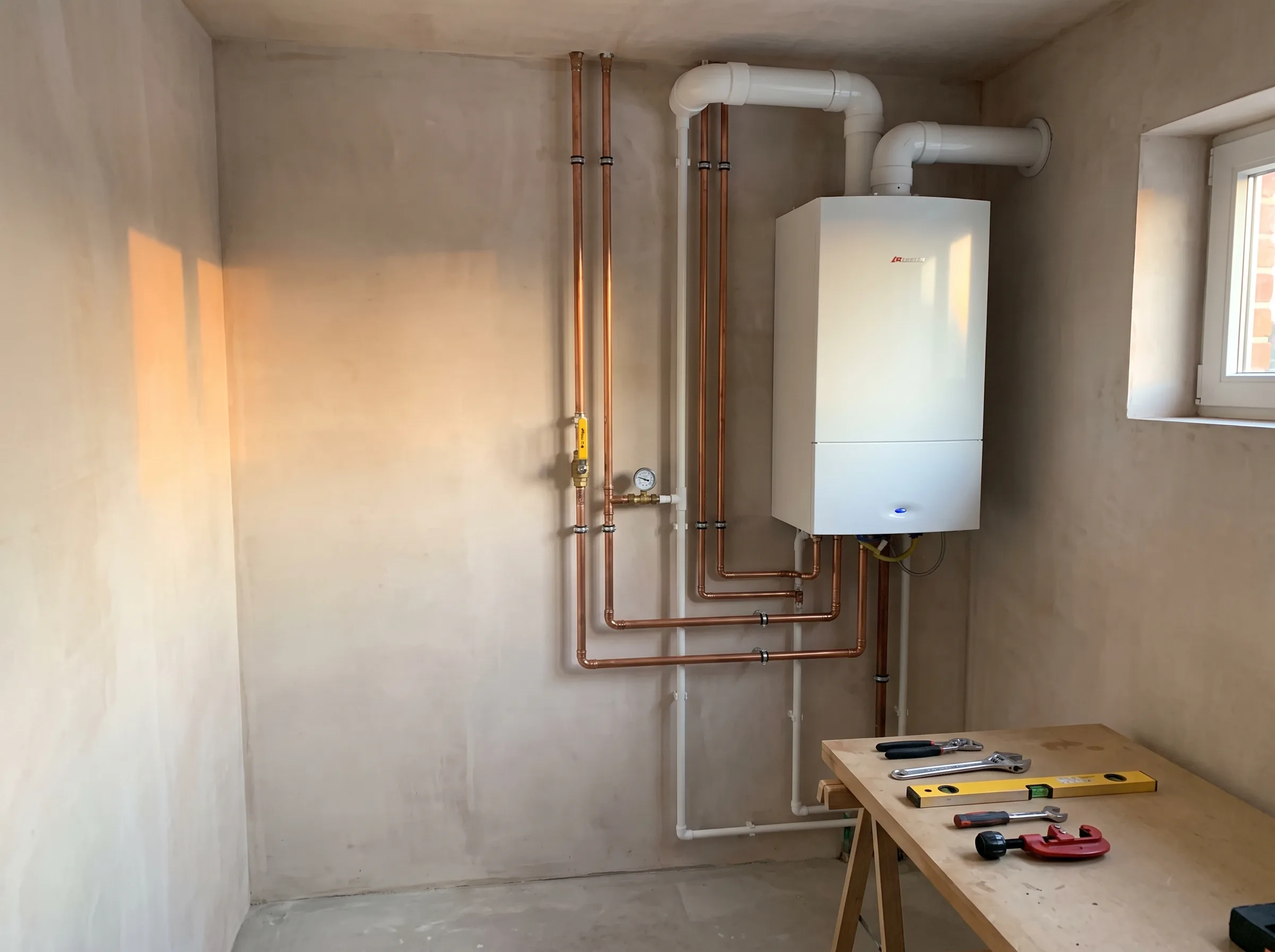 Nieuwe gasketelinstallatie met leidingen in technische ruimte