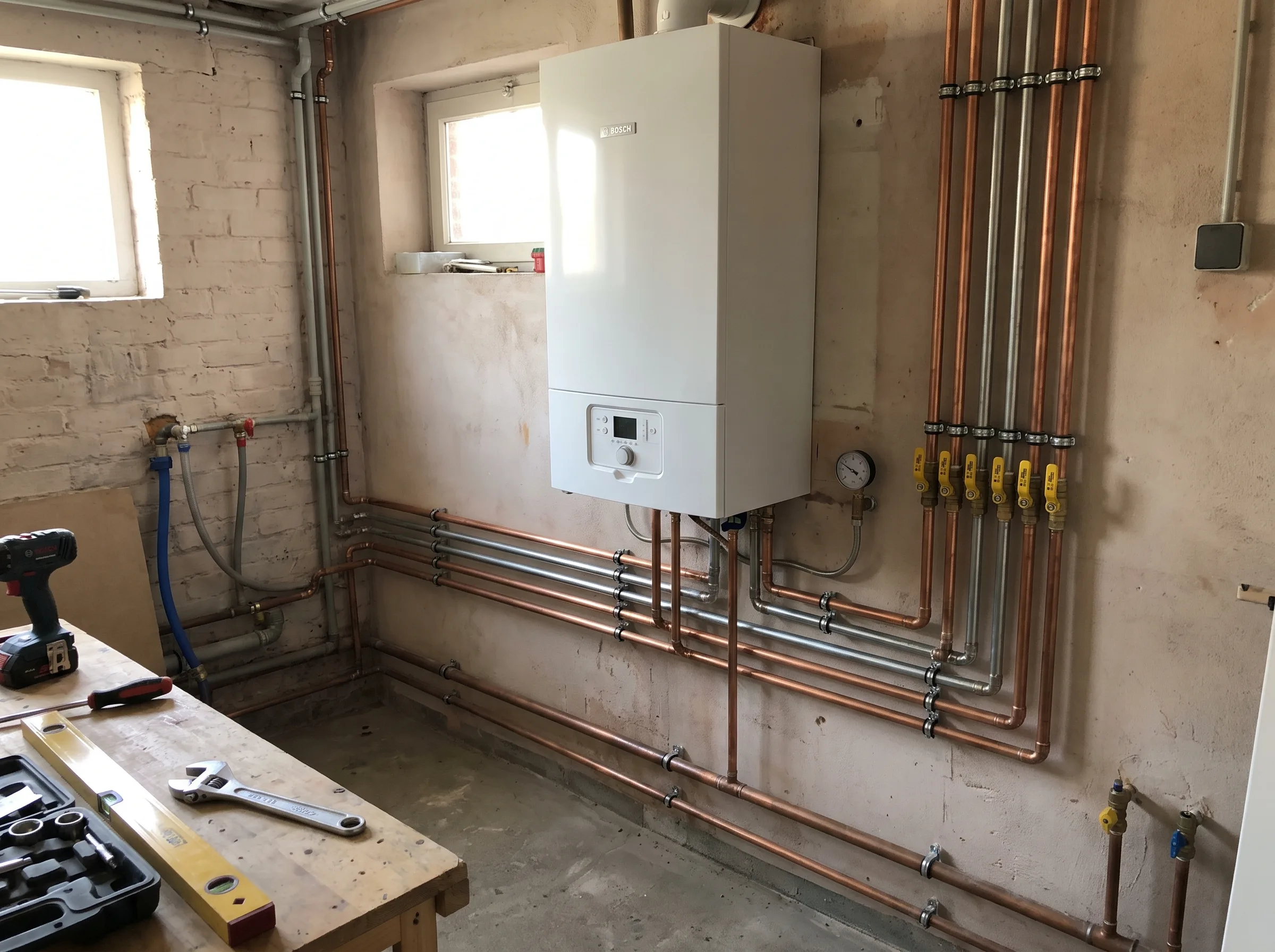 Installatie van een gasketel met leidingen in een technische ruimte
