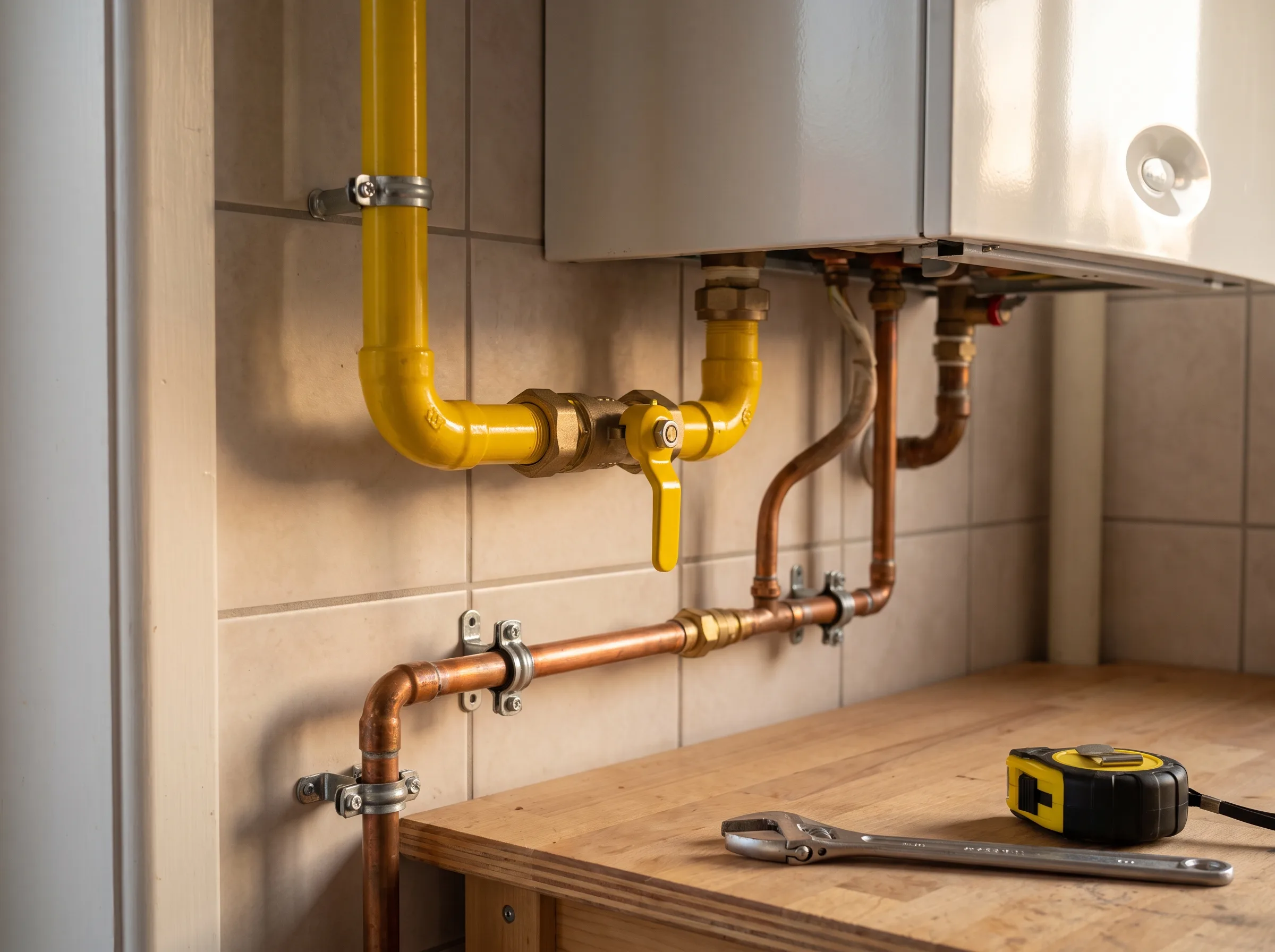 Installatie van gasleidingen en radiatoren in een technische ruimte
