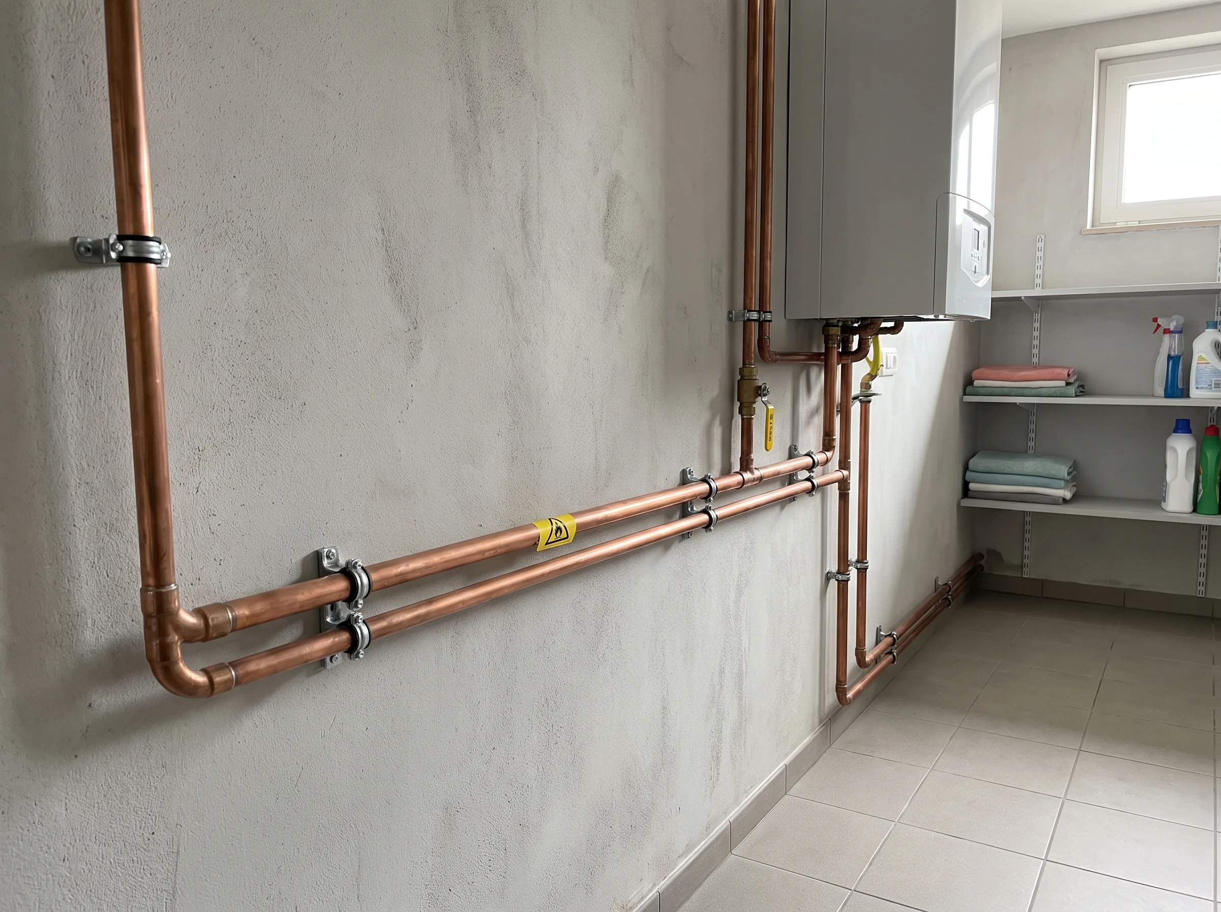 Installatie van verwarmingsleidingen in technische ruimte met condensatieketel