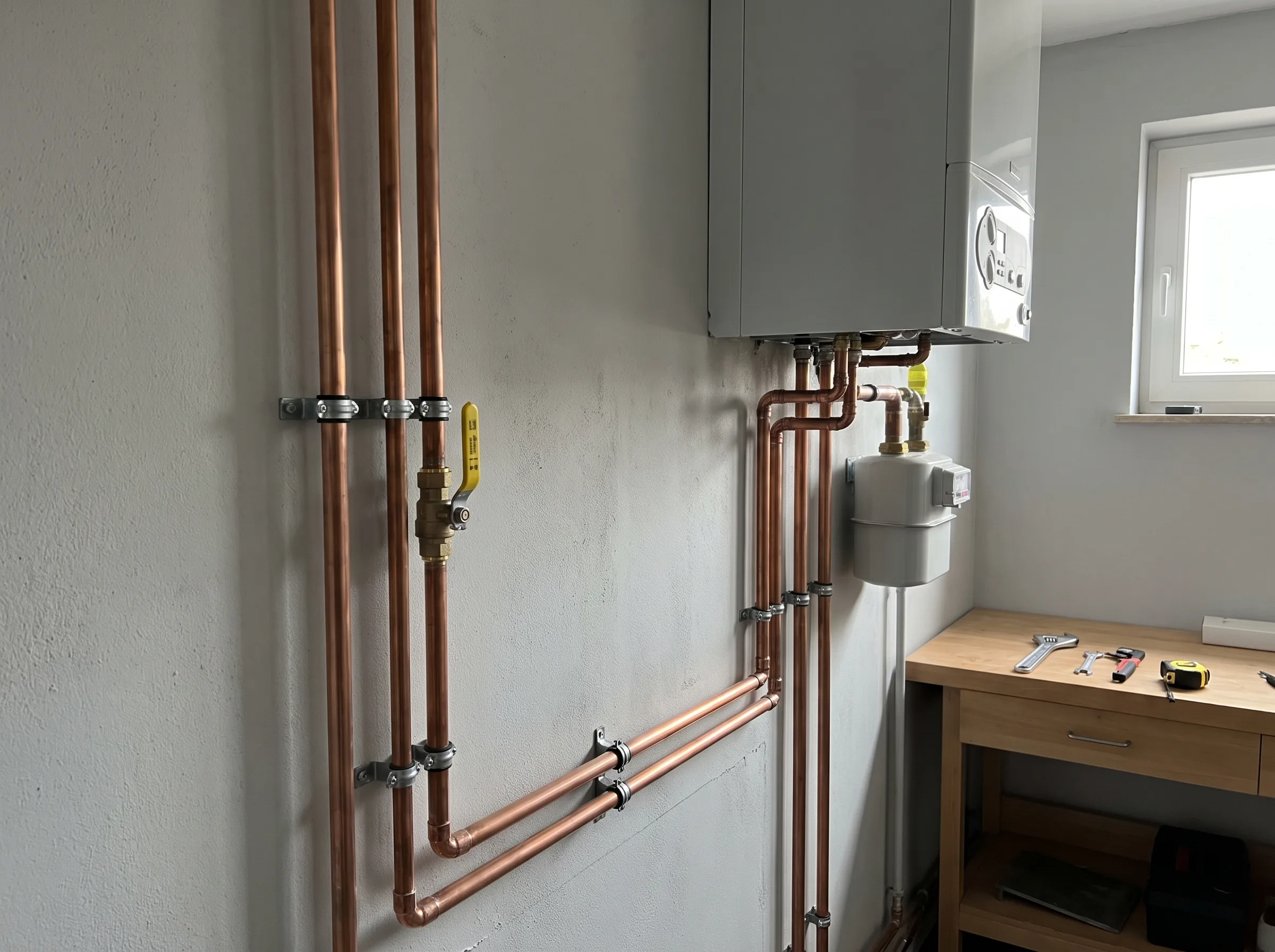 Installatie van gasleidingen en installatie voor gasketel in technische ruimte