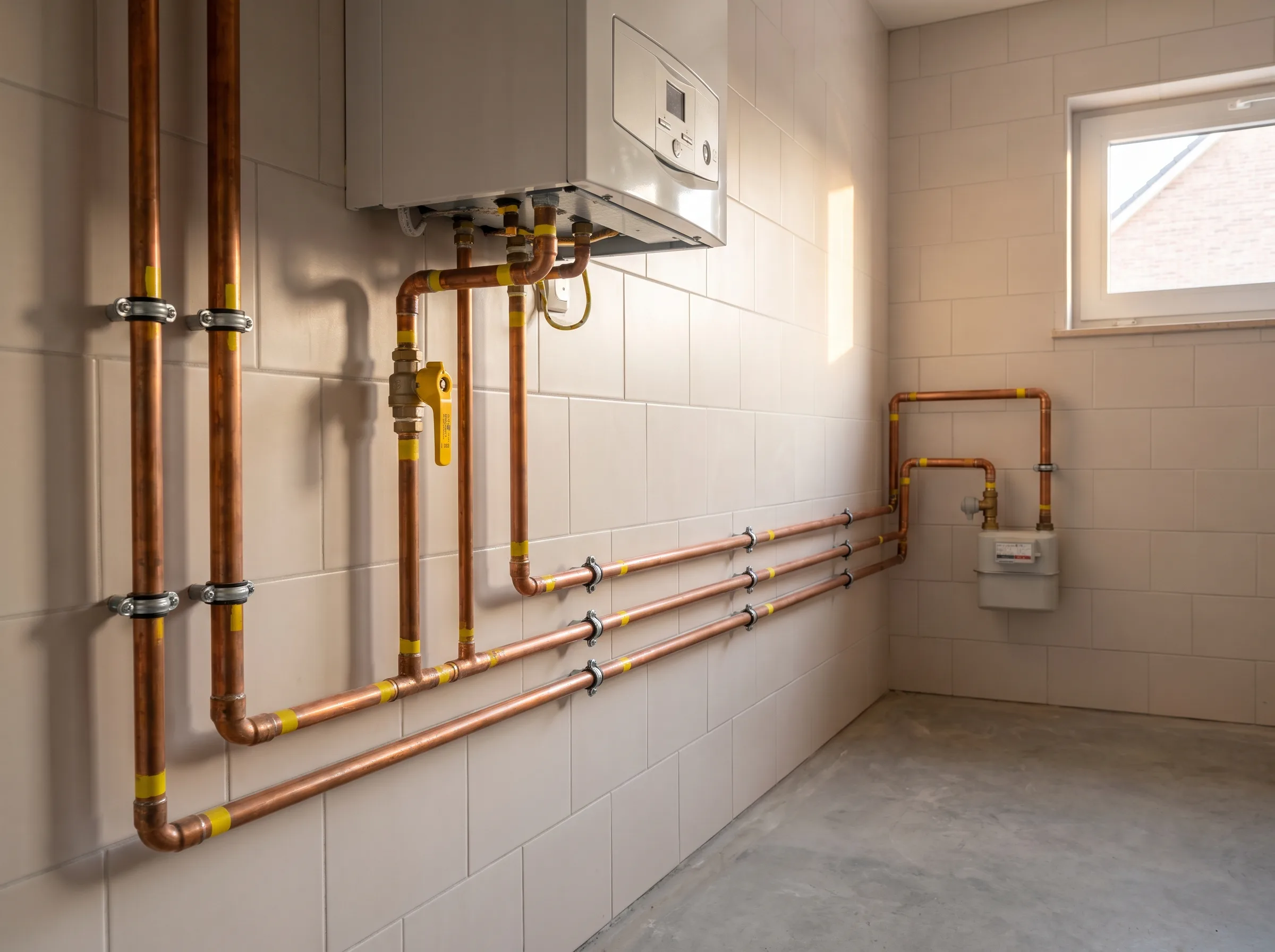 Installatie van leidingen en een condensatieketel in een technische ruimte