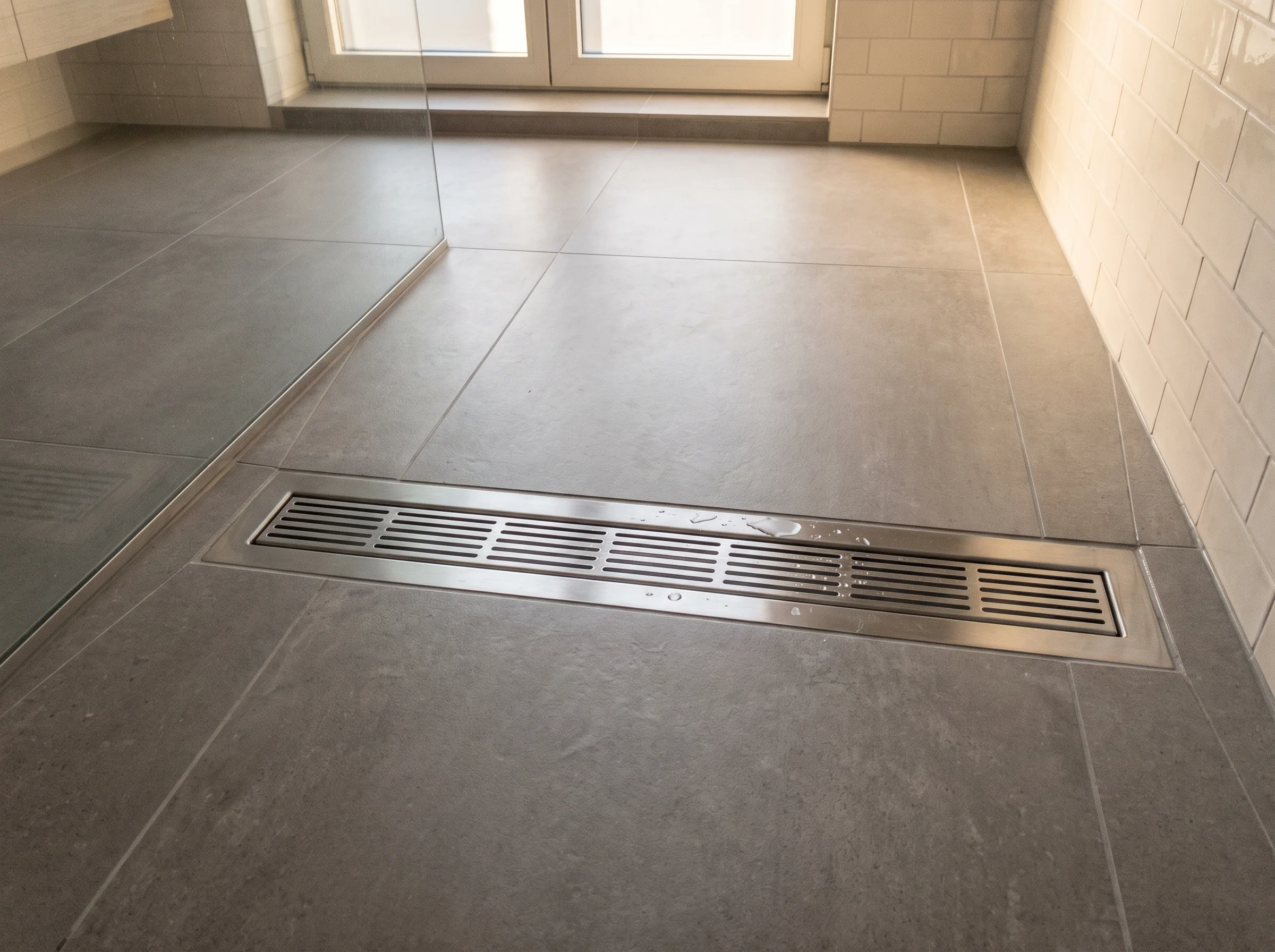 Inloopdouche afvoer met moderne betegeling en installatie