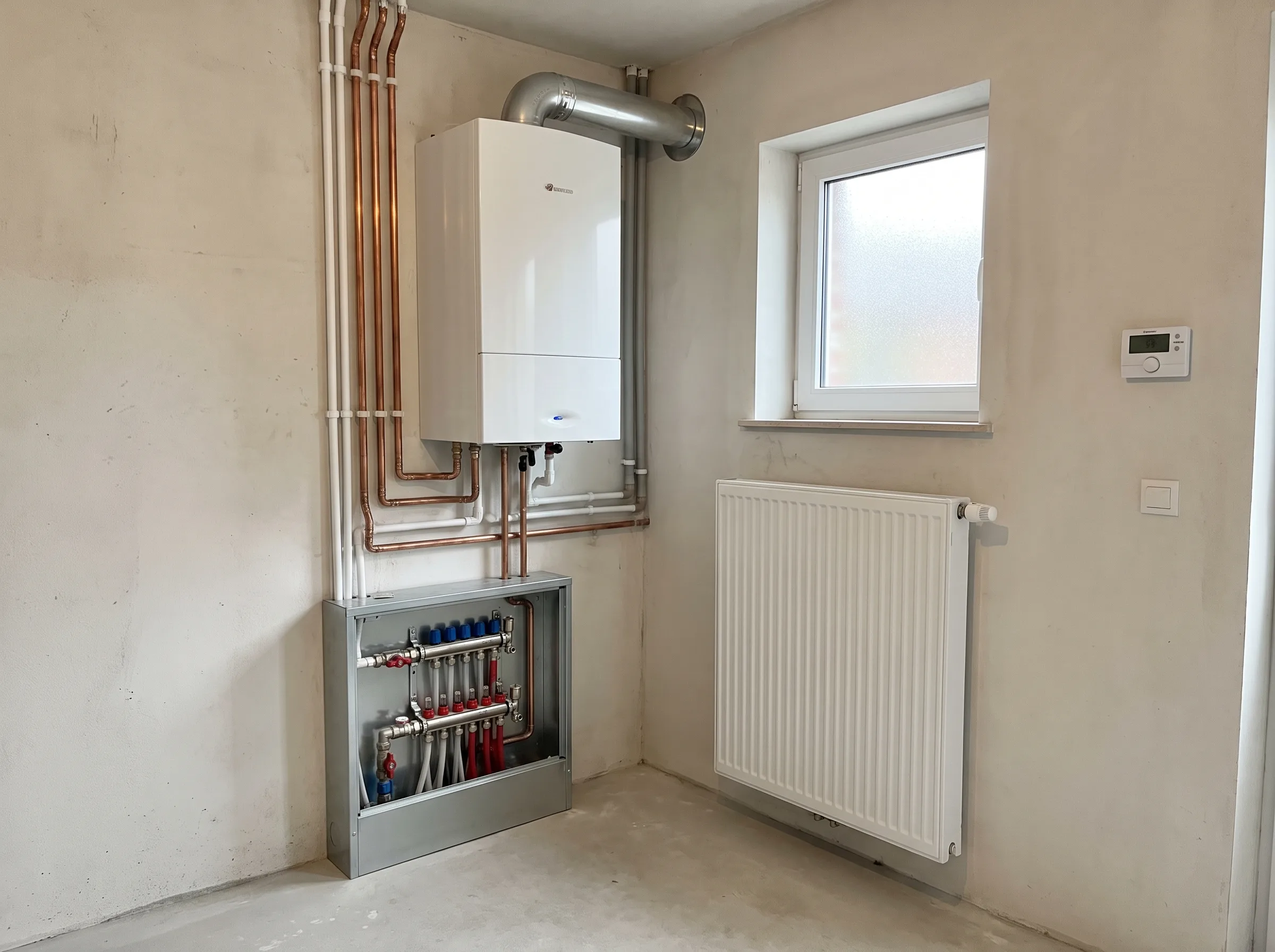 Installatie van een condensatieketel met verwarmingsinstallatie in een technische ruimte