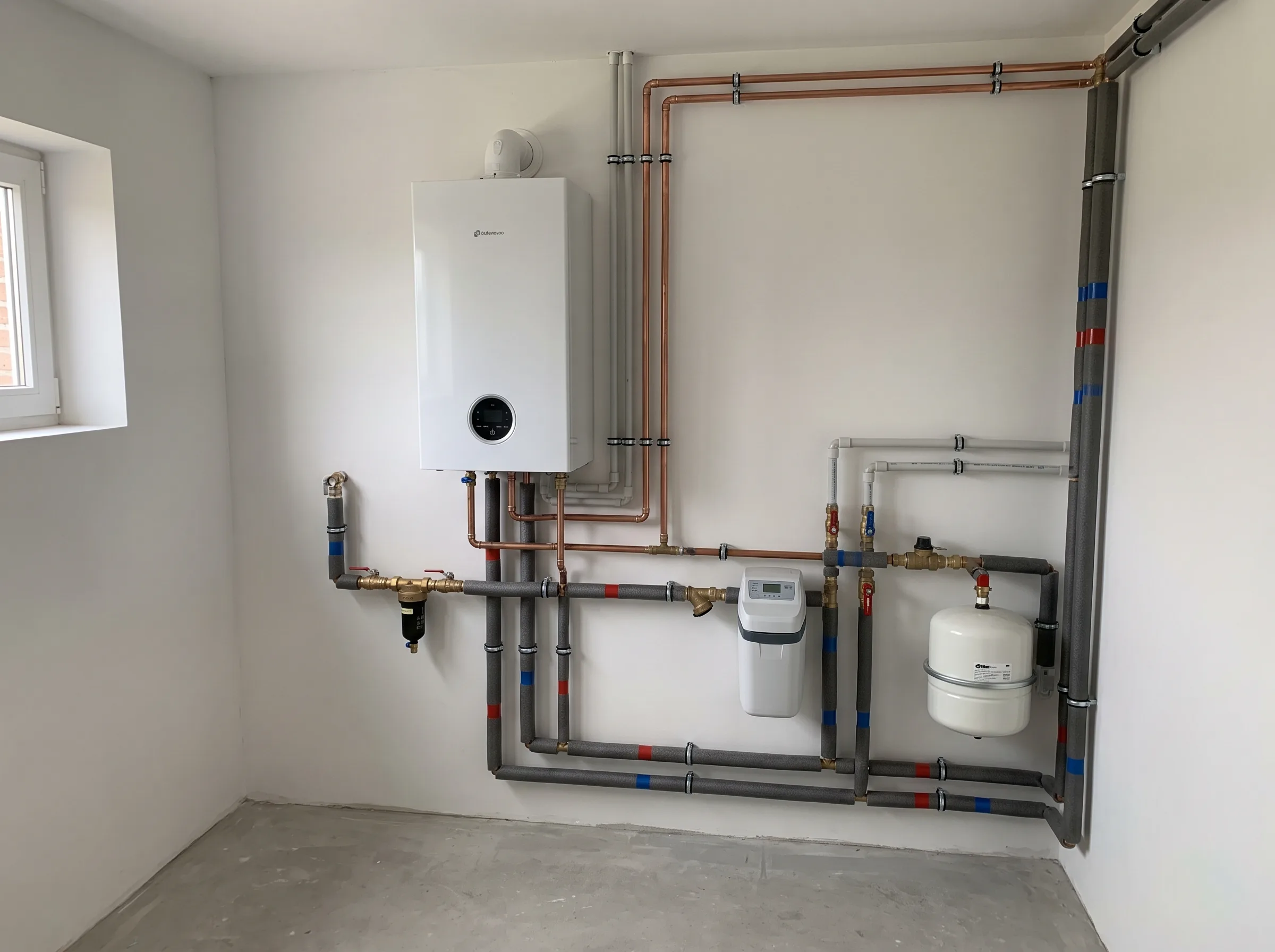 Installatie van een condensatieketel en leidingen in technische ruimte