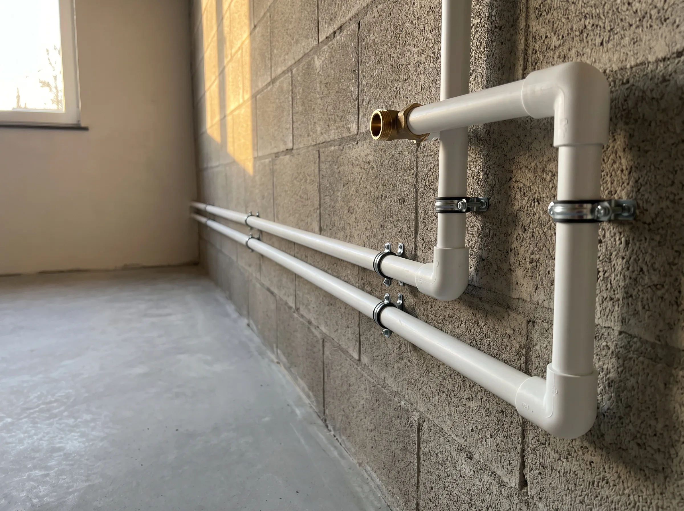 Nieuwe waterleidingen geïnstalleerd op een betonnen muur in een technische ruimte