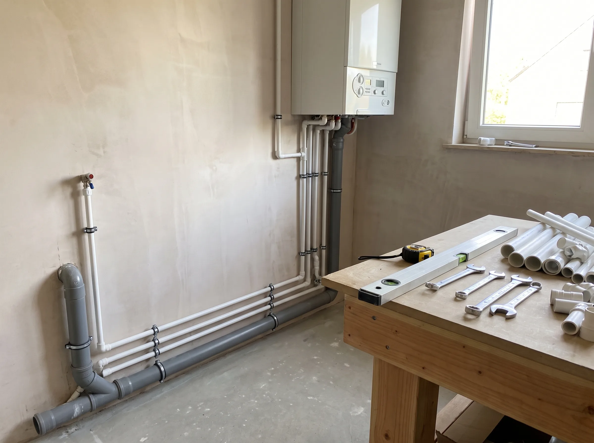 Binneninstallatie gas met leidingen en boiler in een technische ruimte