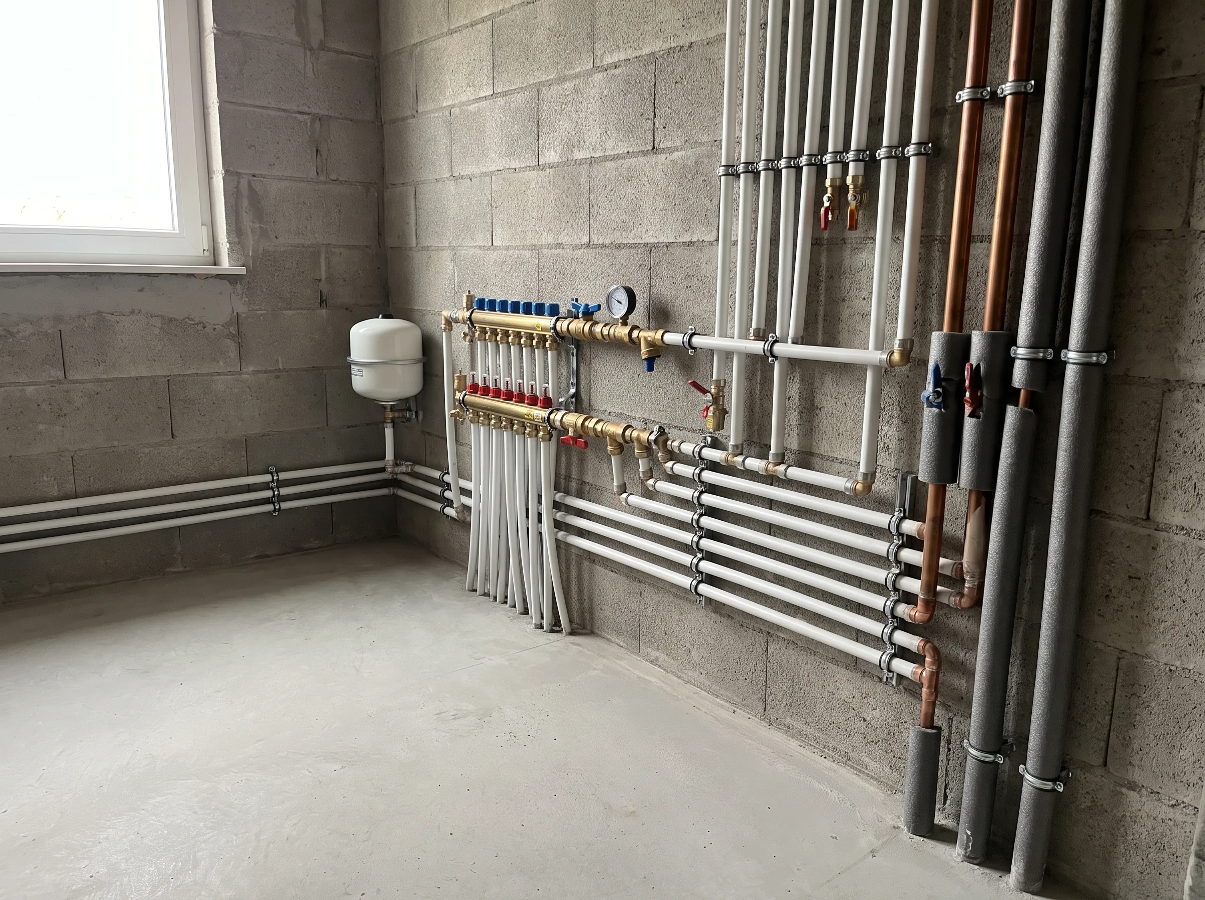 Technische ruimte met waterleidingen en installaties voor sanitaire en verwarmingsinstallatie