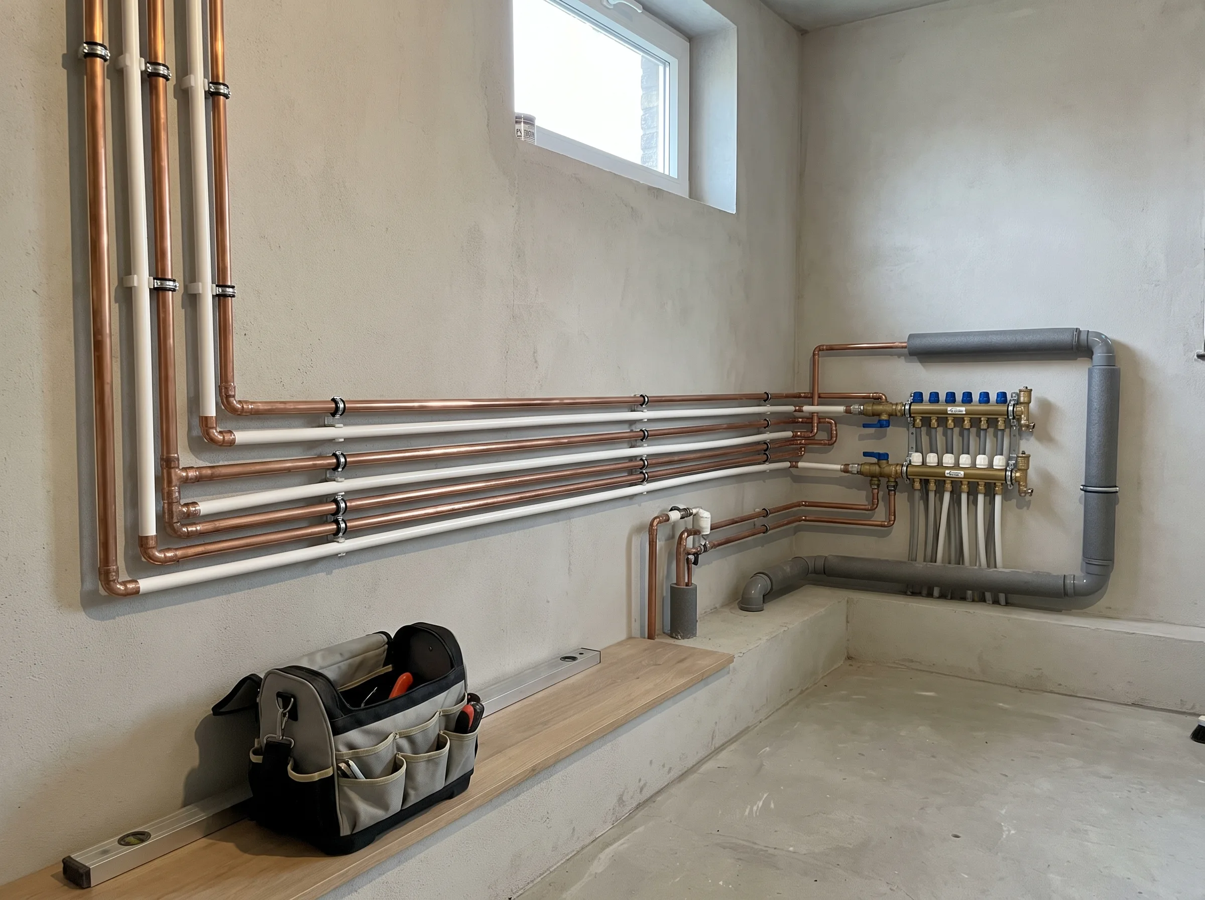 Installatie van waterleidingen in technische ruimte met koperen buizen en aansluitingen
