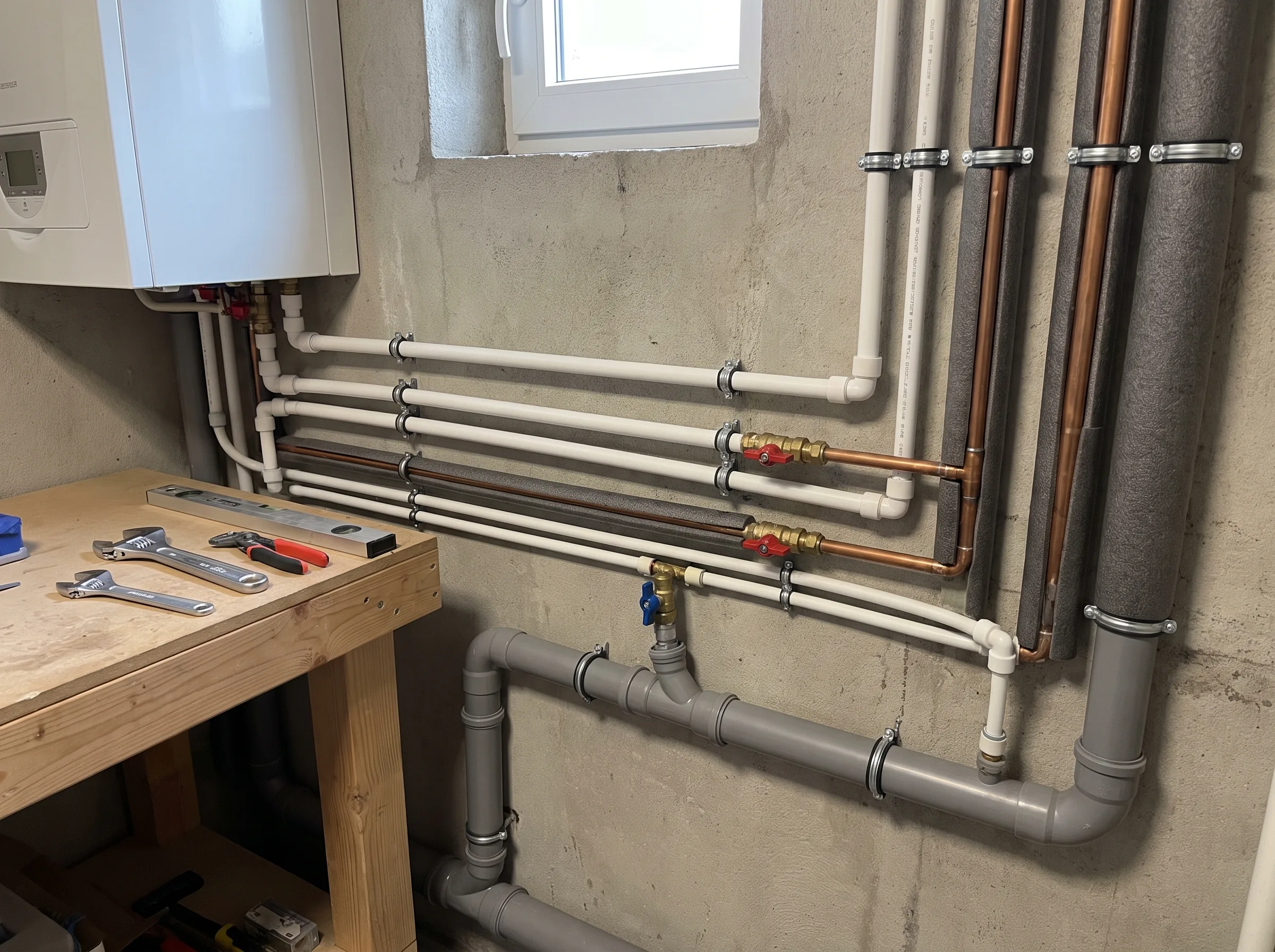Binneninstallatie gas met leidingen en gereedschap op een houten tafel