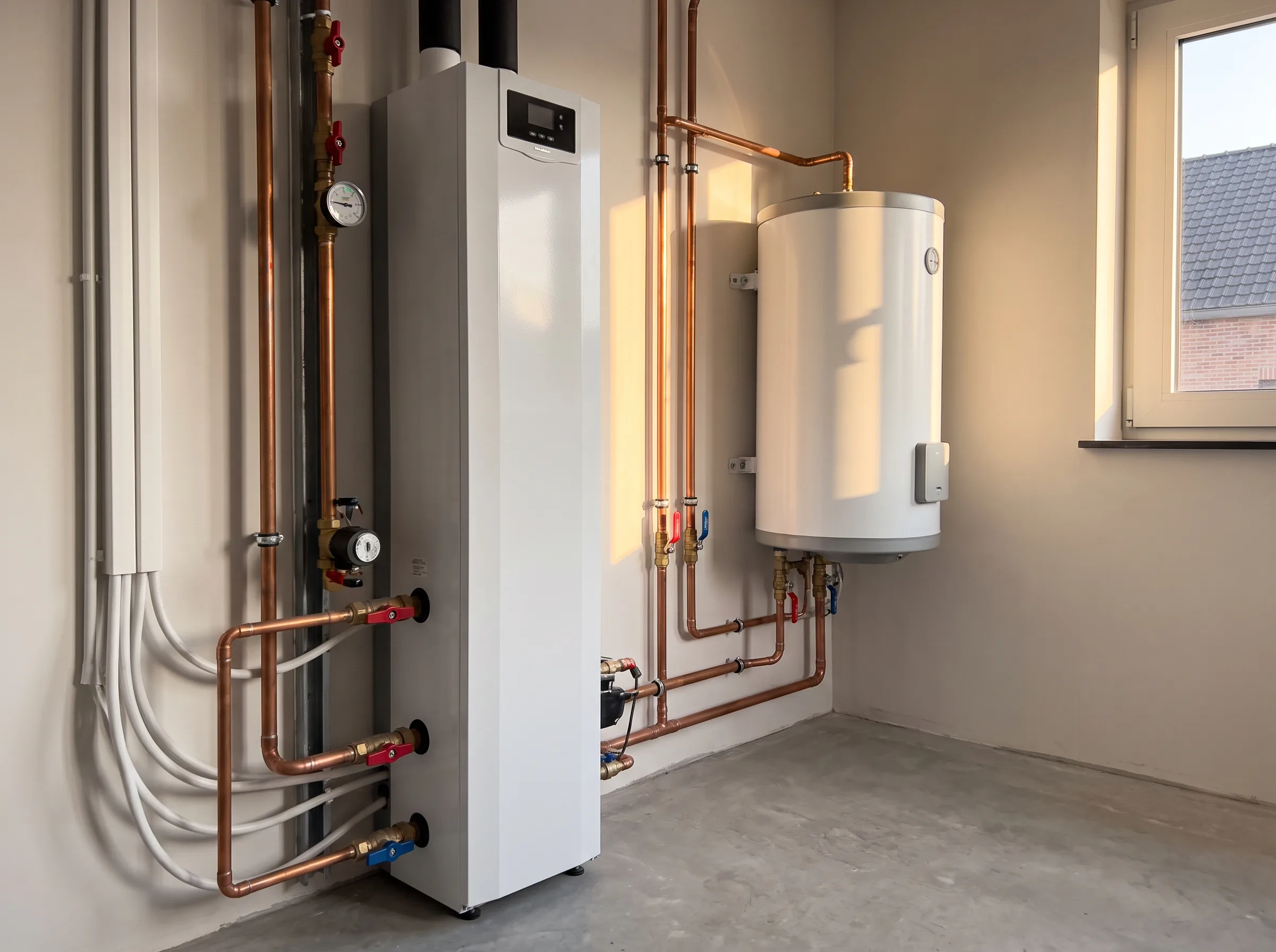Installatie van een warmwaterboiler met leidingen in een technische ruimte