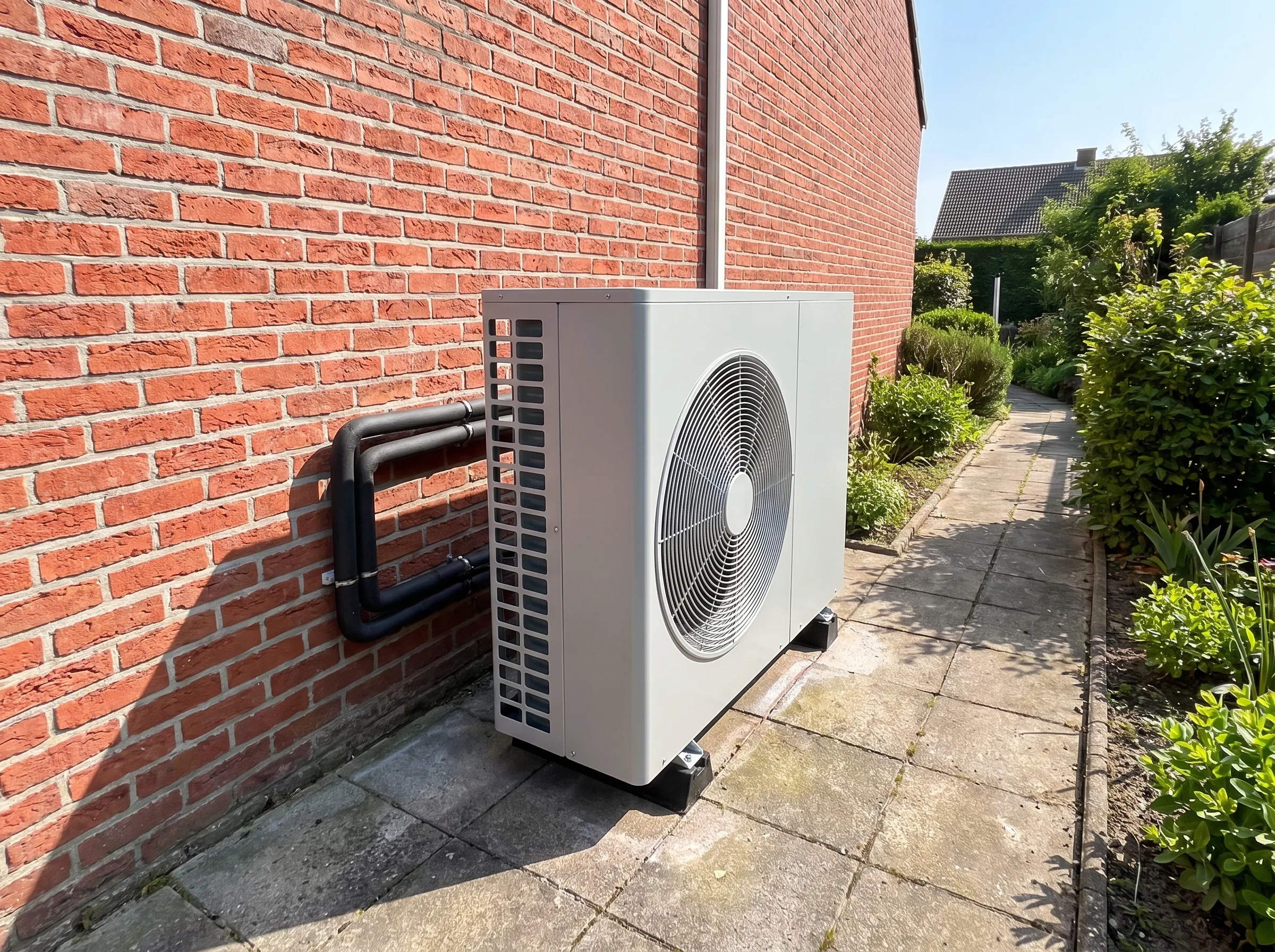 Warmtepomp installatie aan de buitenzijde van een woning, gelegen tegen een bakstenen muur