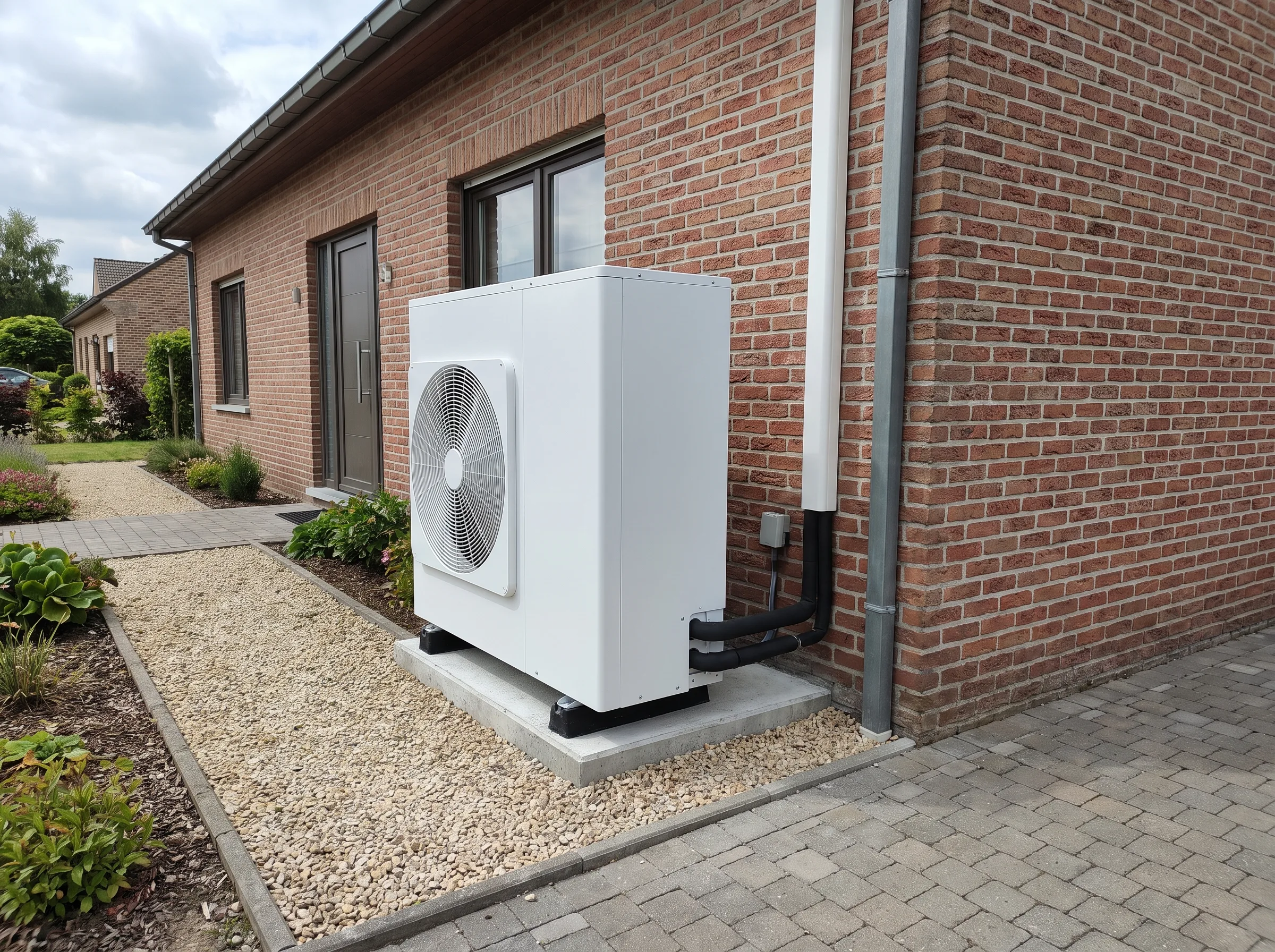Lucht-water warmtepomp geïnstalleerd buiten een woning voor duurzame verwarming