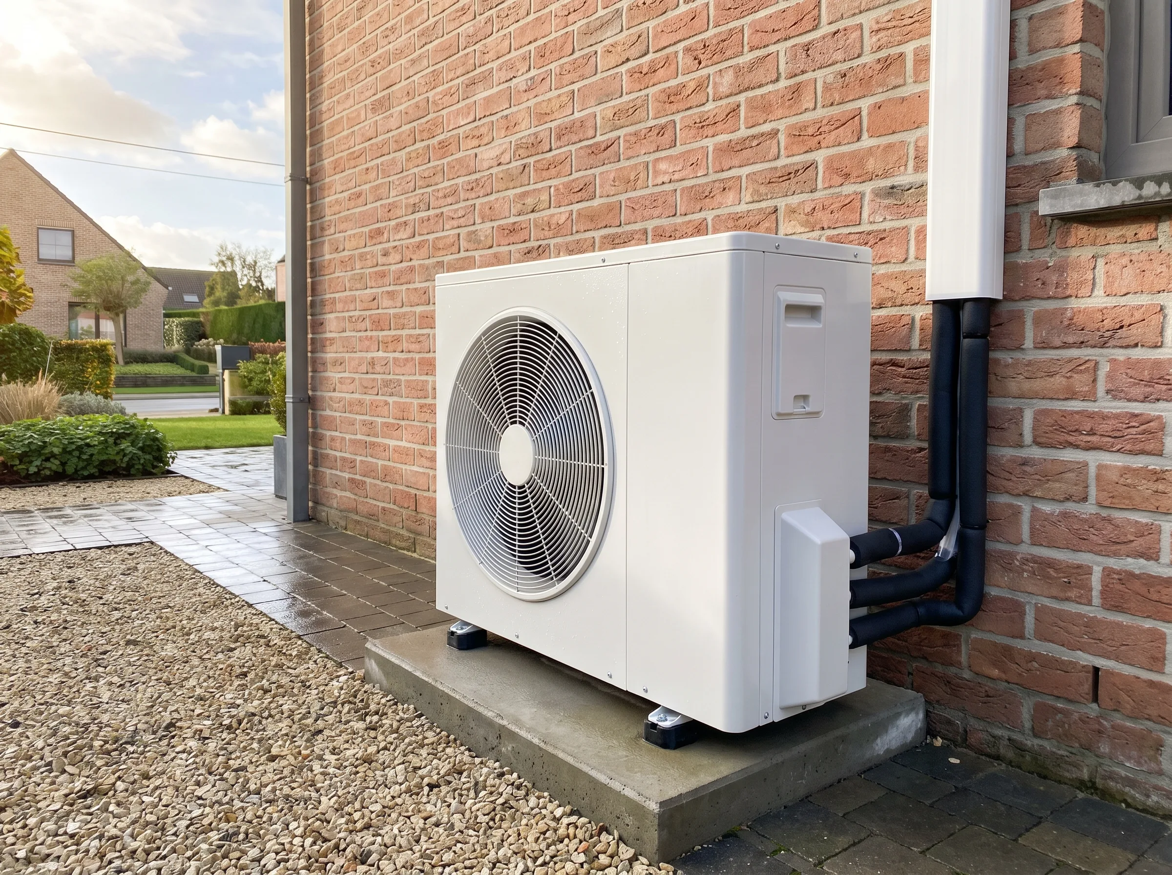 Buitenunit van een lucht-water warmtepomp op een betonnen basis naast een woning