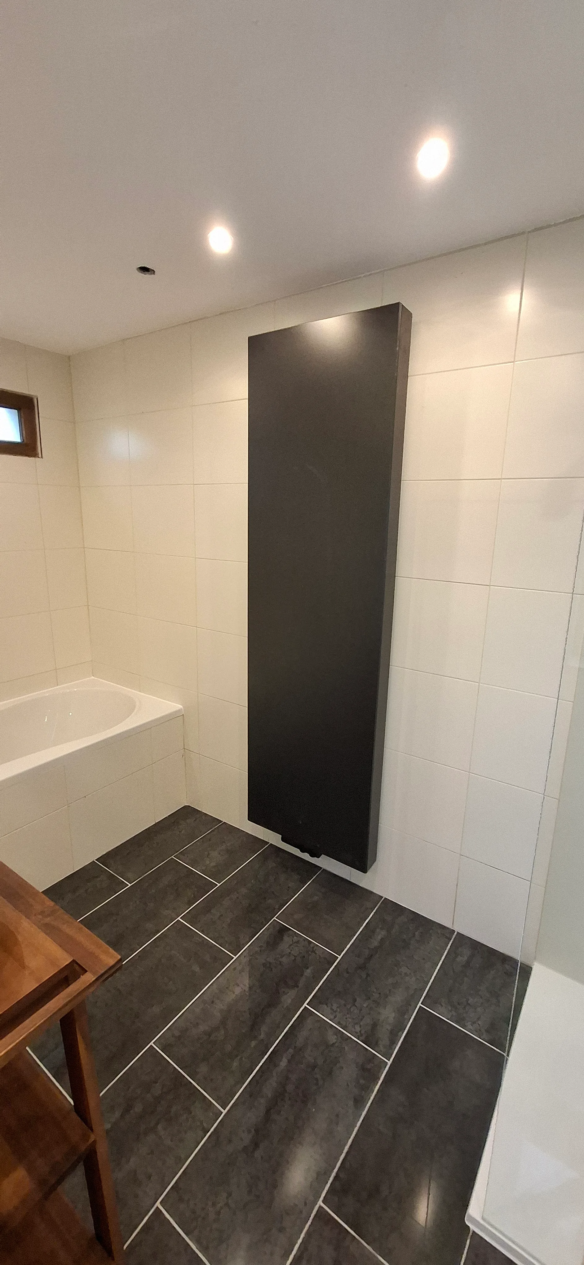 Modern badkamer met een zwart radiator en een badkuip op de achtergrond