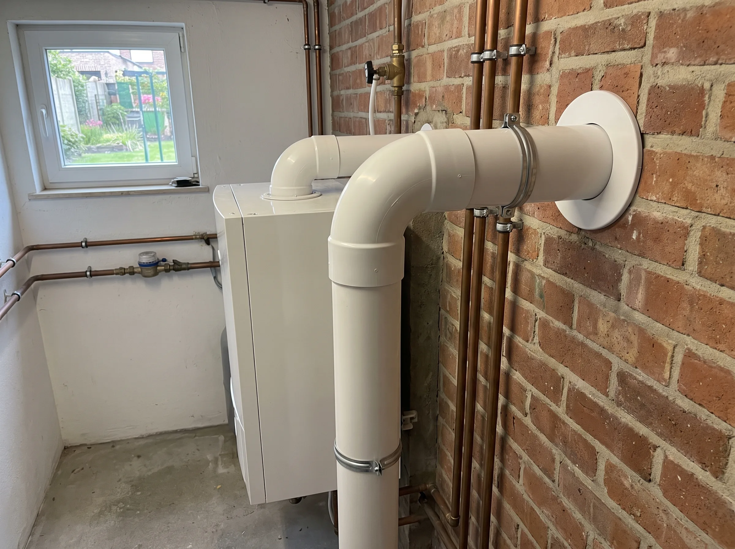 Installatie van een condensatieketel met rookgasafvoer in een technische ruimte