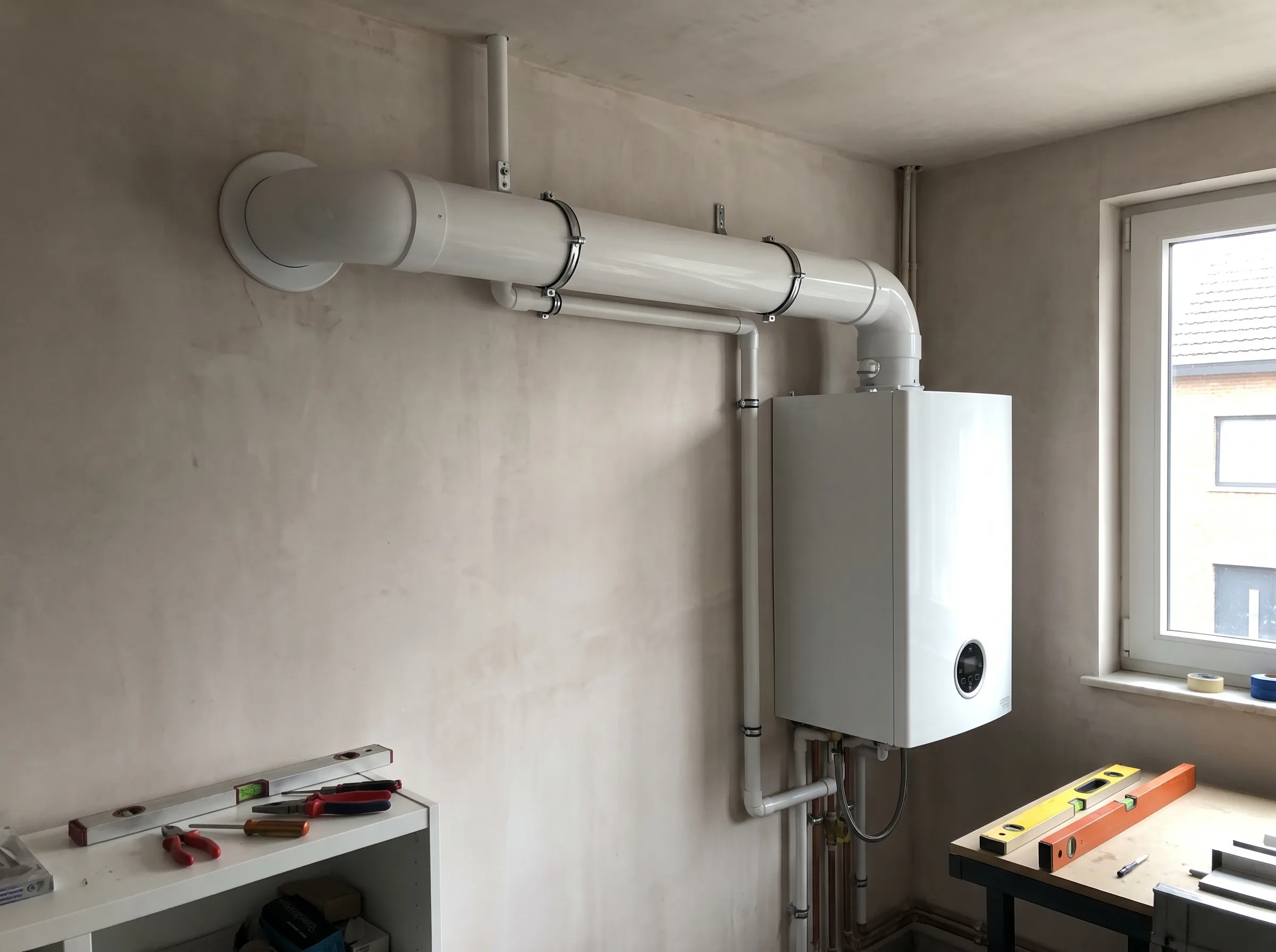 Nieuwe gasketel met rookgasafvoer geïnstalleerd aan de muur in een lichte ruimte