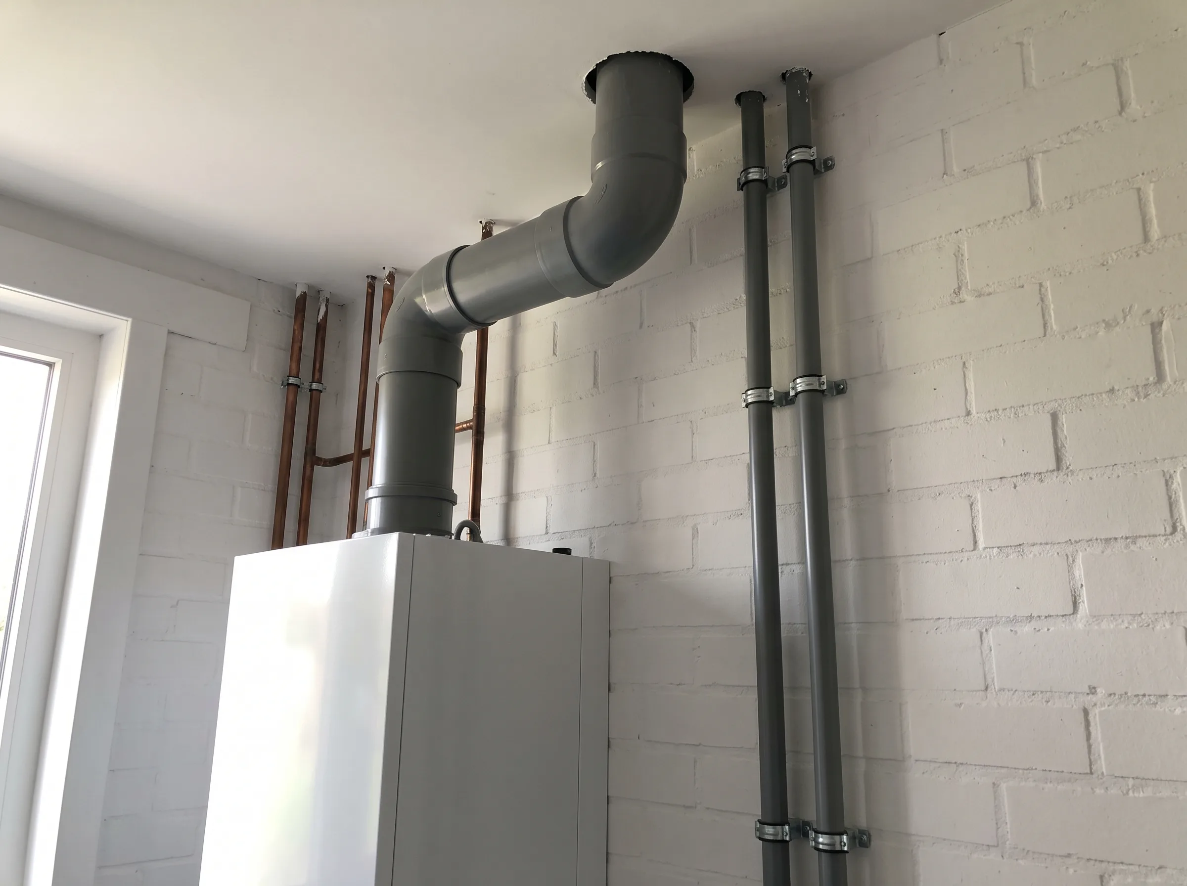 Rookgasafvoer en leidingen voor binneninstallatie gas in technische ruimte