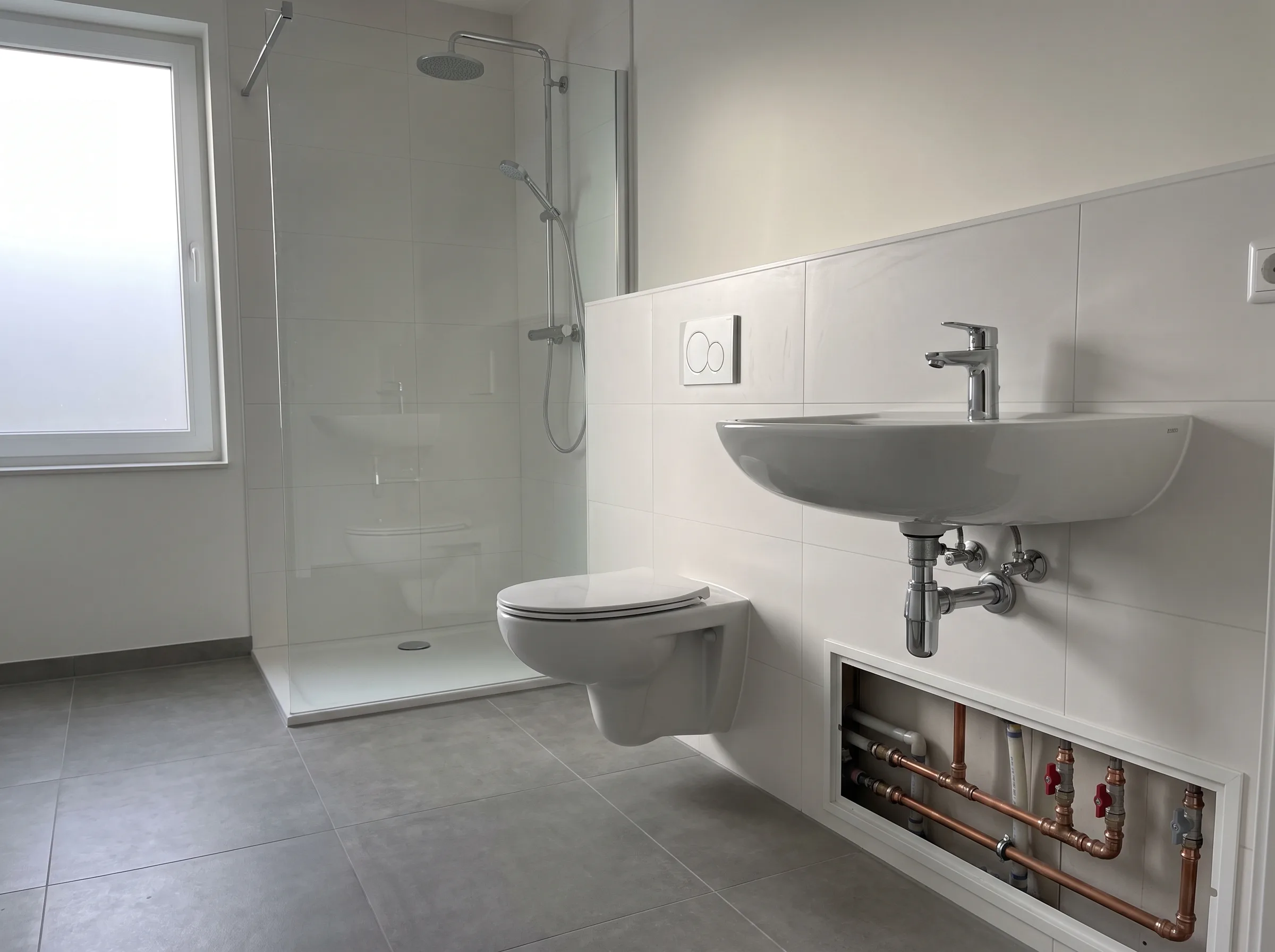 Modern sanitair met inloopdouche en wastafel in lichte badkamer