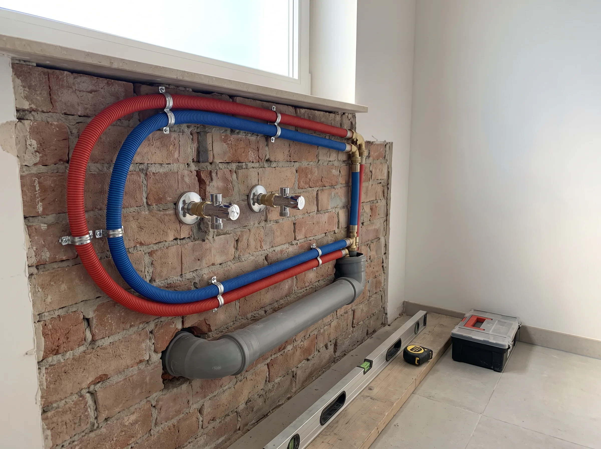 Sanitaire installatie met kleurcoded leidingen voor wateraansluitingen