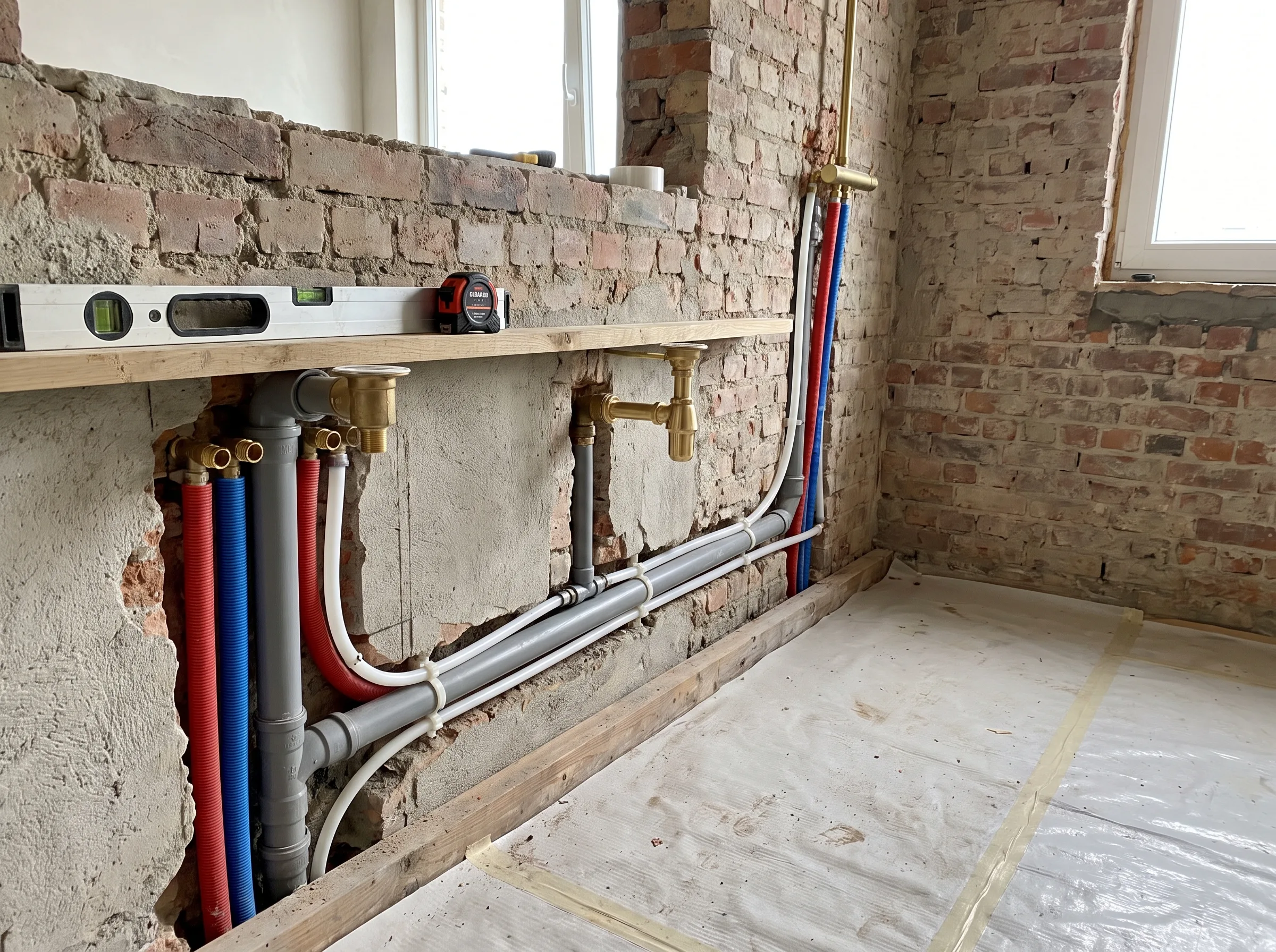 Installatie van waterleidingen en verwarmingssystemen in een renovatieproject