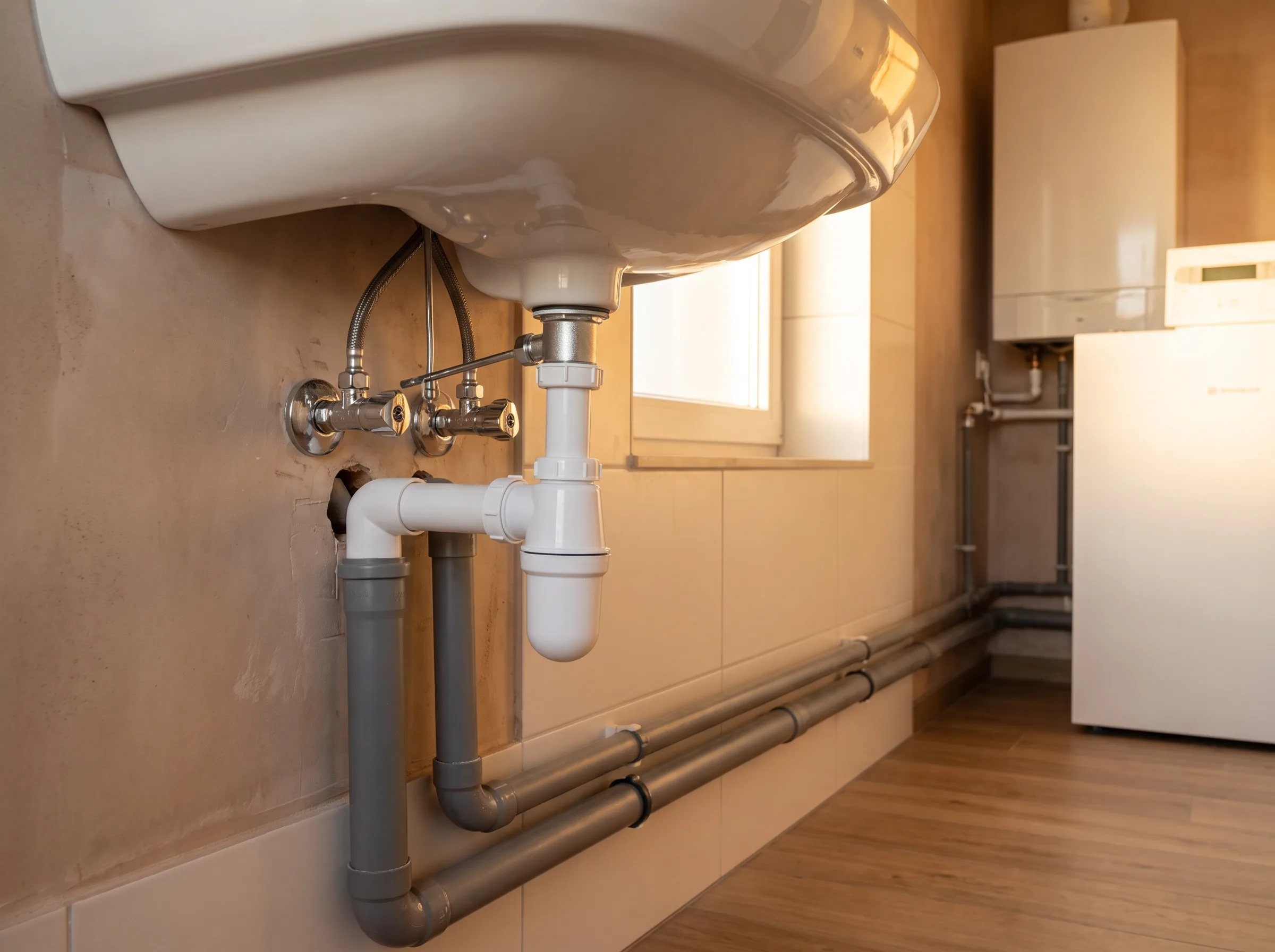 Sanitair installatie met wastafelkraan en leidingen zichtbaar tegen een muur