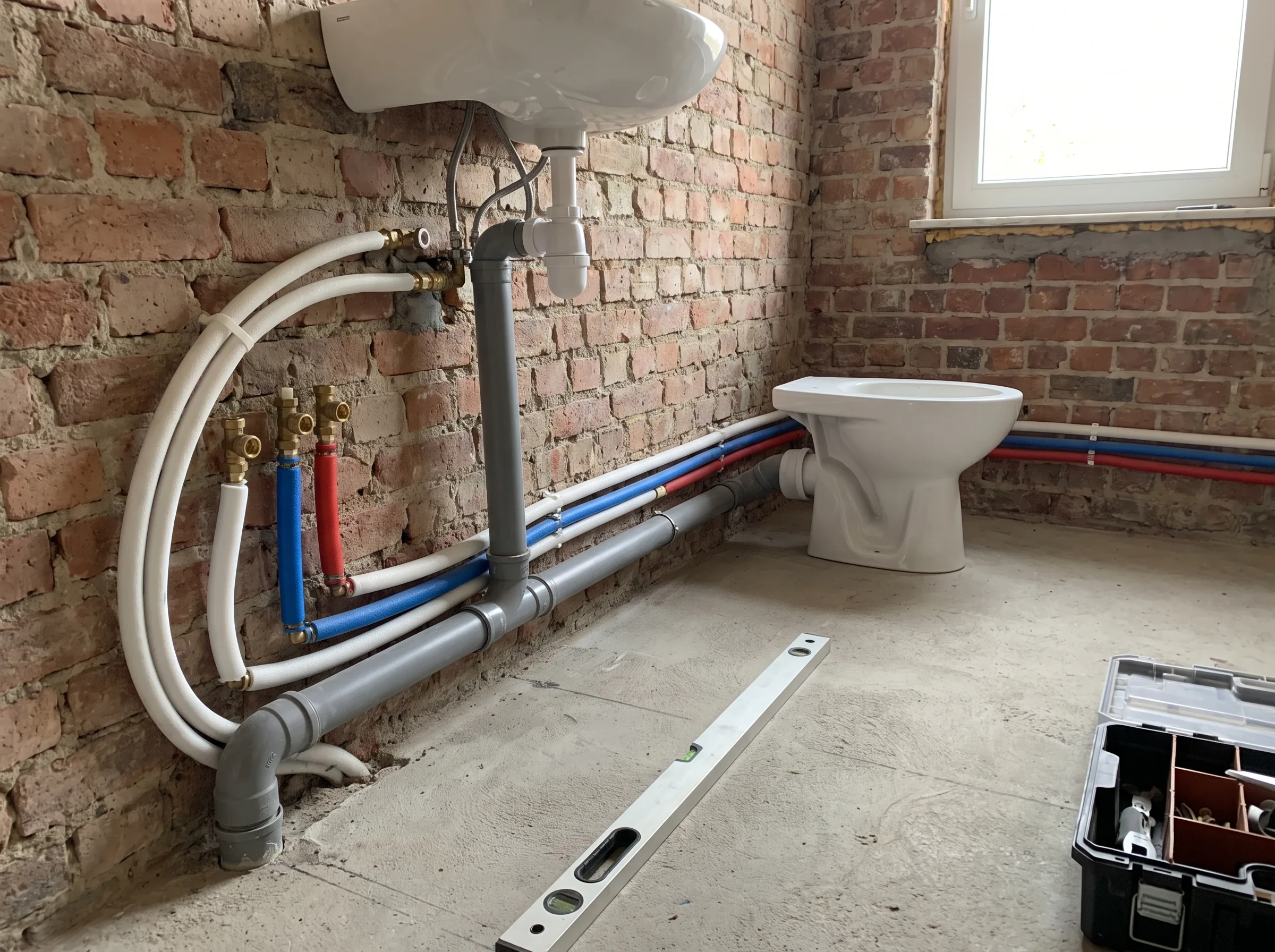 Sanitaire installatie in badkamer met leidingen en toilet