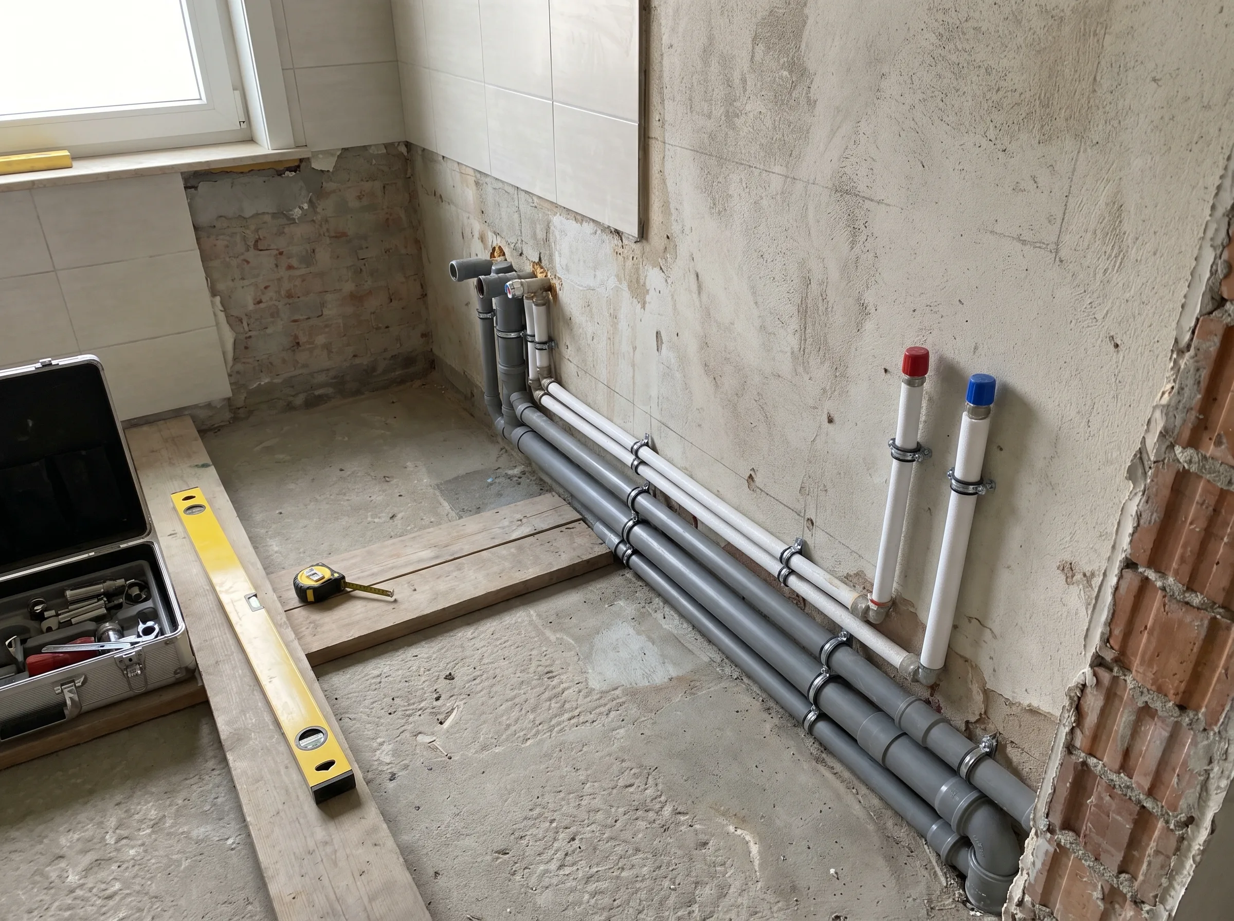 Voorbereiding van sanitaire installatie leidingen in een badkamer